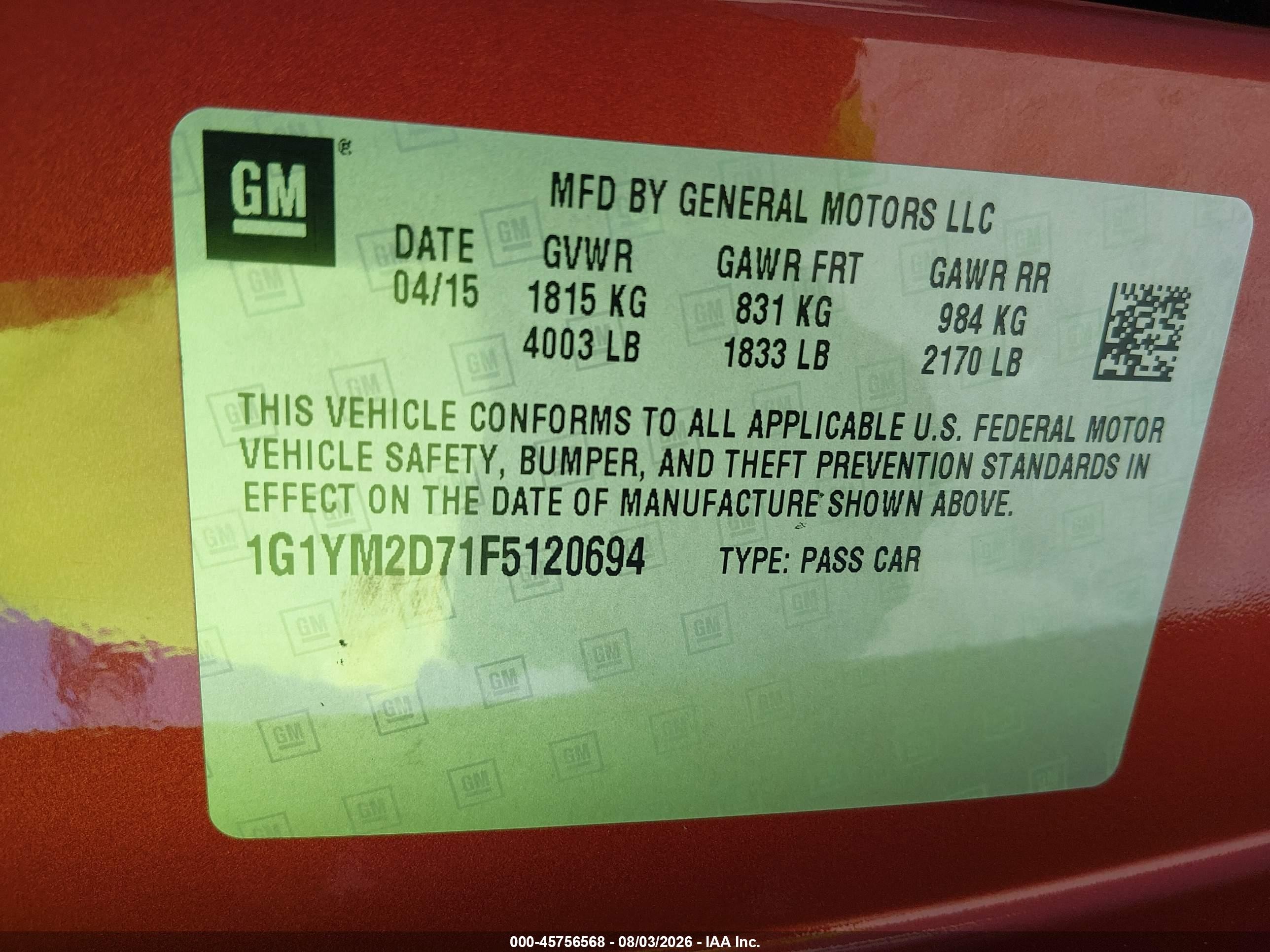 2015 Chevrolet Corvette Stingray Z51 Orange vin: 1G1YM2D71F5120694