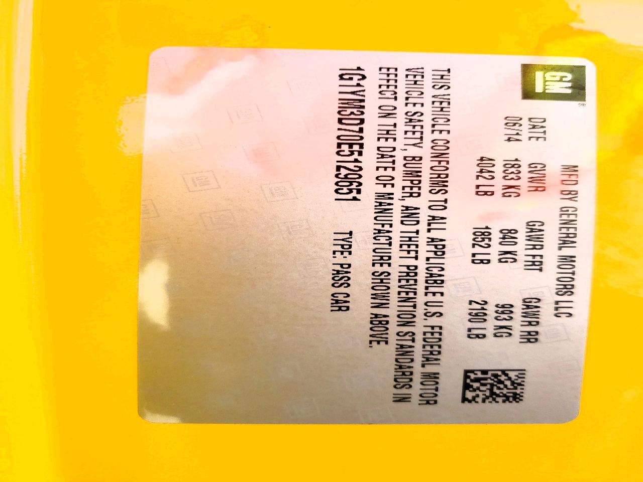 2014 Chevrolet Corvette Stingray Z51 3lt Yellow vin: 1G1YM3D70E5129651