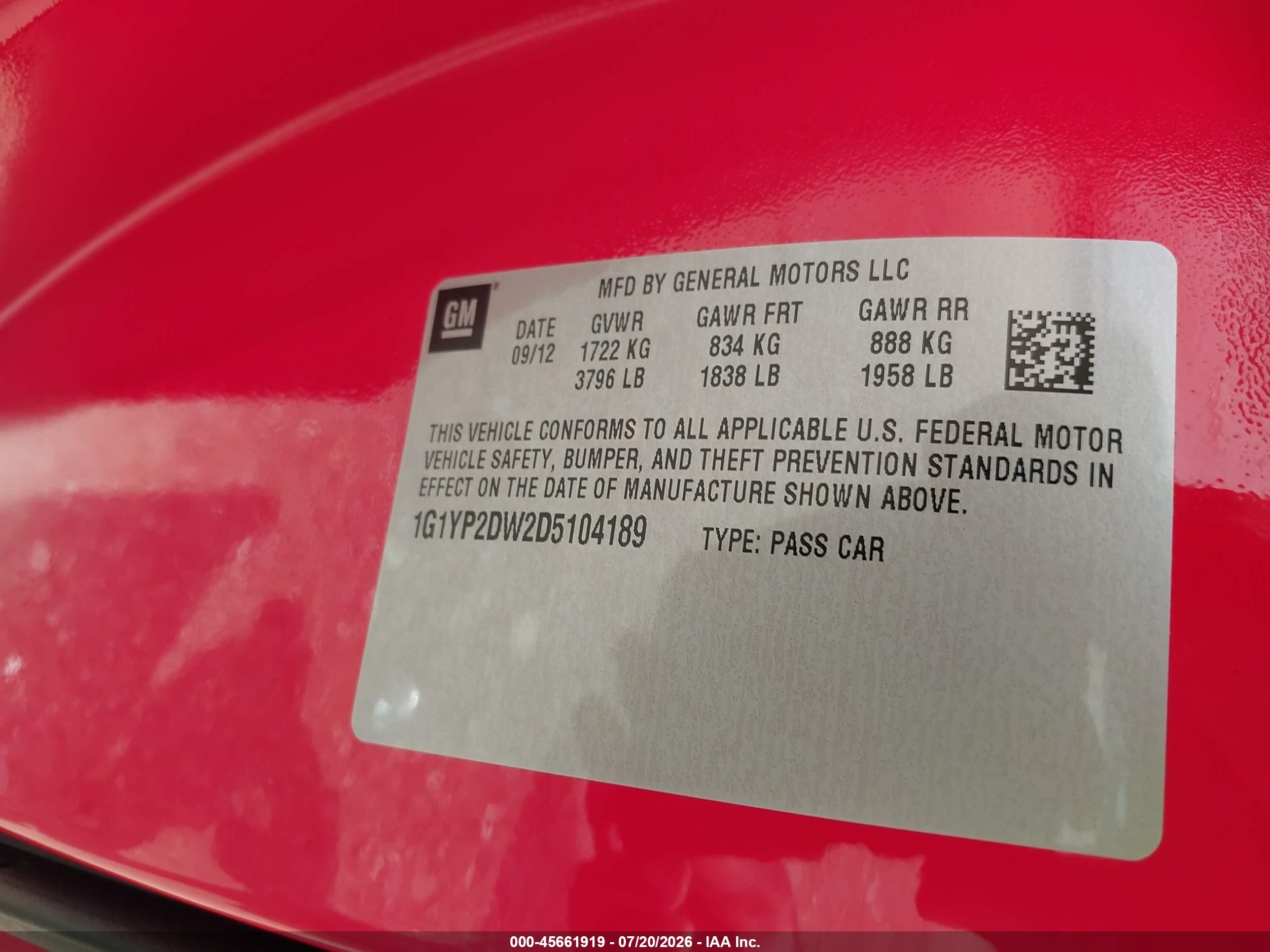 2013 Chevrolet Corvette Grand Sport Red vin: 1G1YP2DW2D5104189
