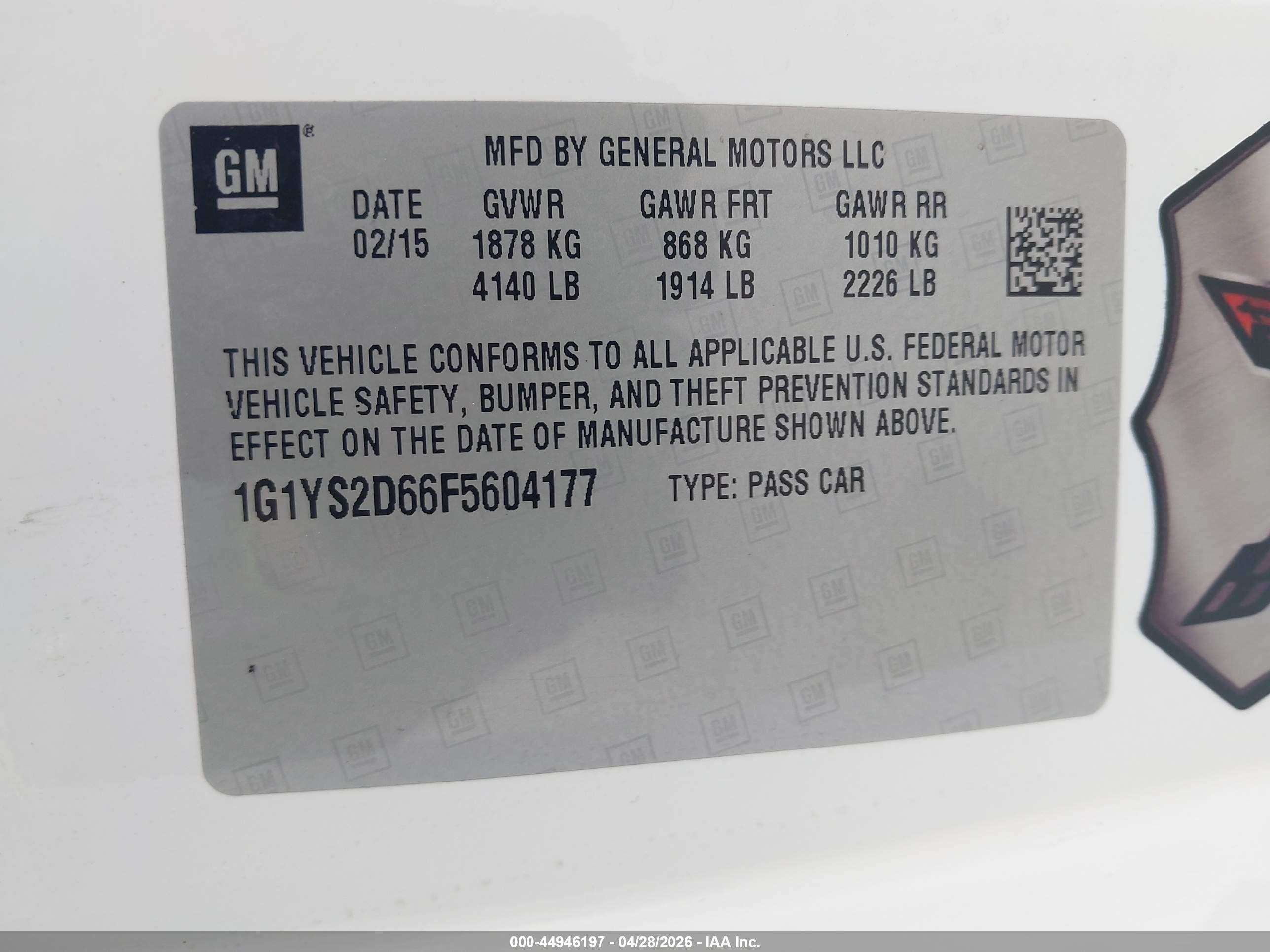 2015 Chevrolet Corvette Z06 White vin: 1G1YS2D66F5604177