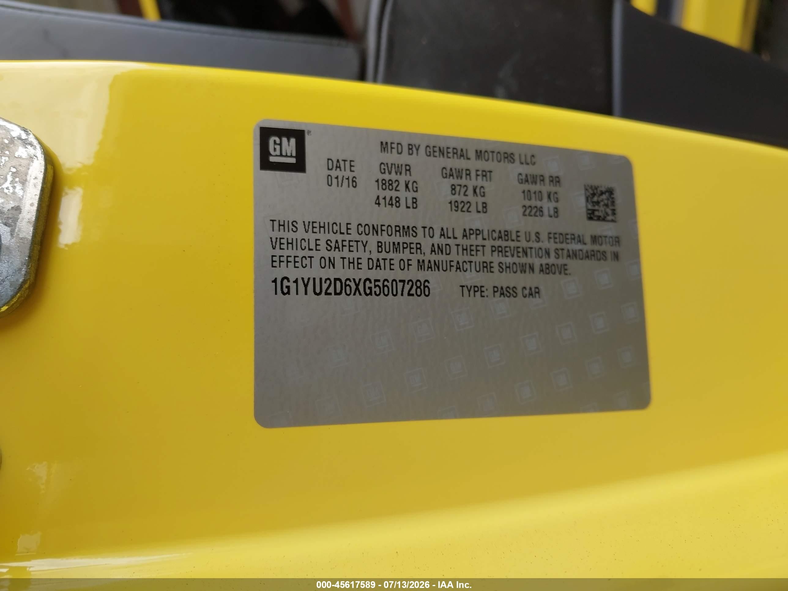 2016 Chevrolet Corvette Z06 Желтый vin: 1G1YU2D6XG5607286