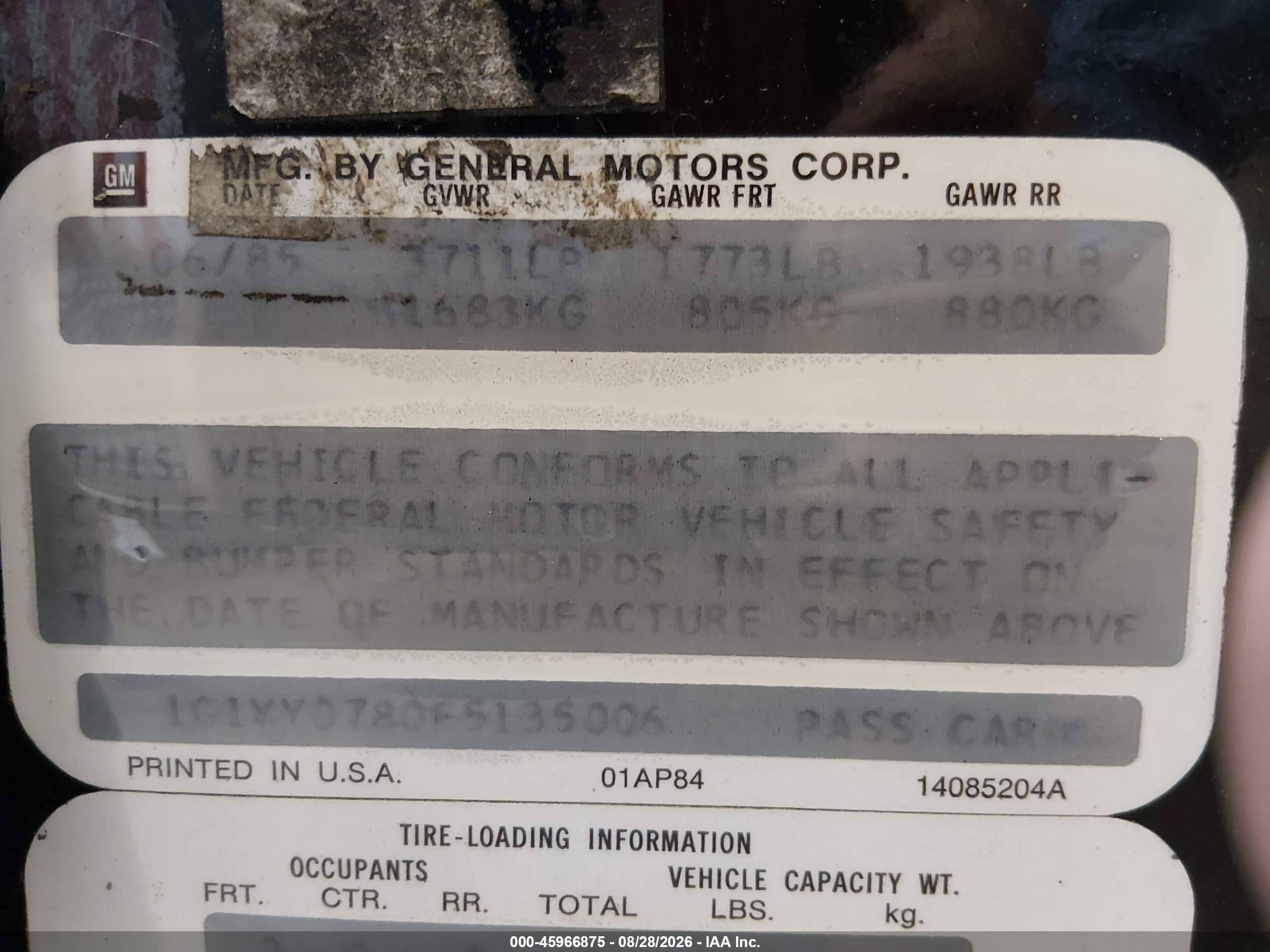 1985 Chevrolet Corvette   Black vin: 1G1YY0780F5135006