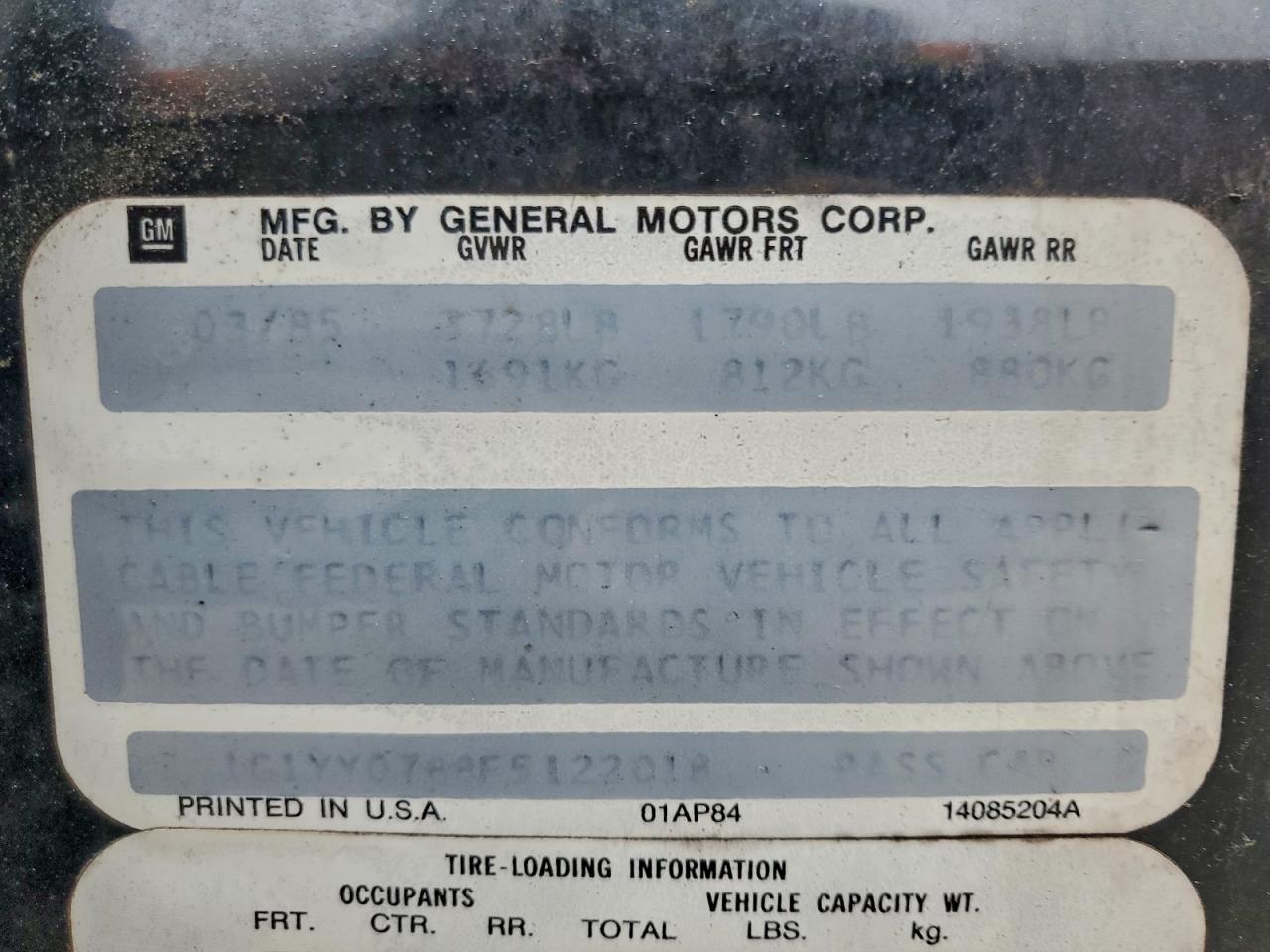 1985 Chevrolet Corvette Black vin: 1G1YY0788F5122018