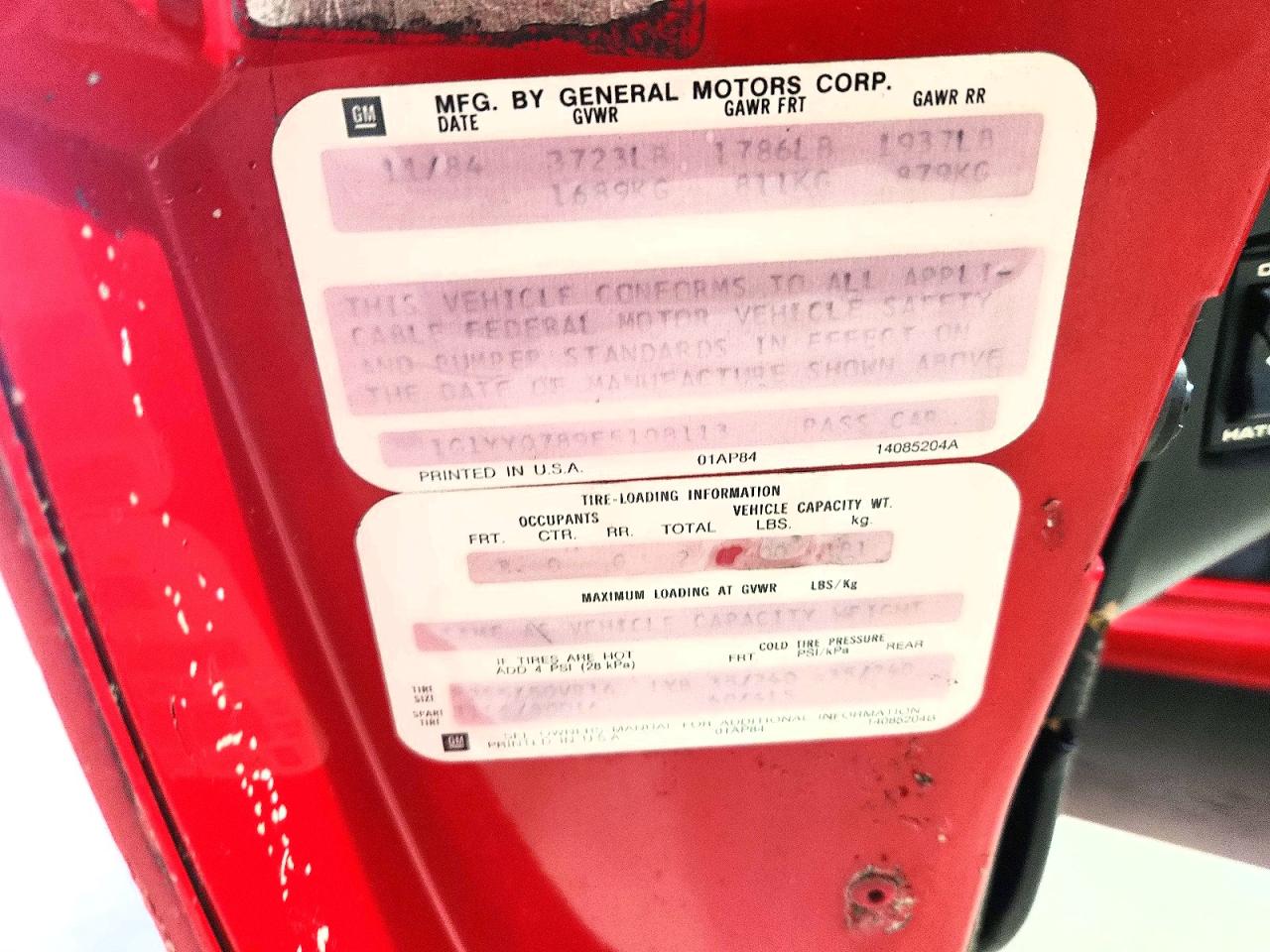 1985 Chevrolet Corvette Red vin: 1G1YY0789F5108113
