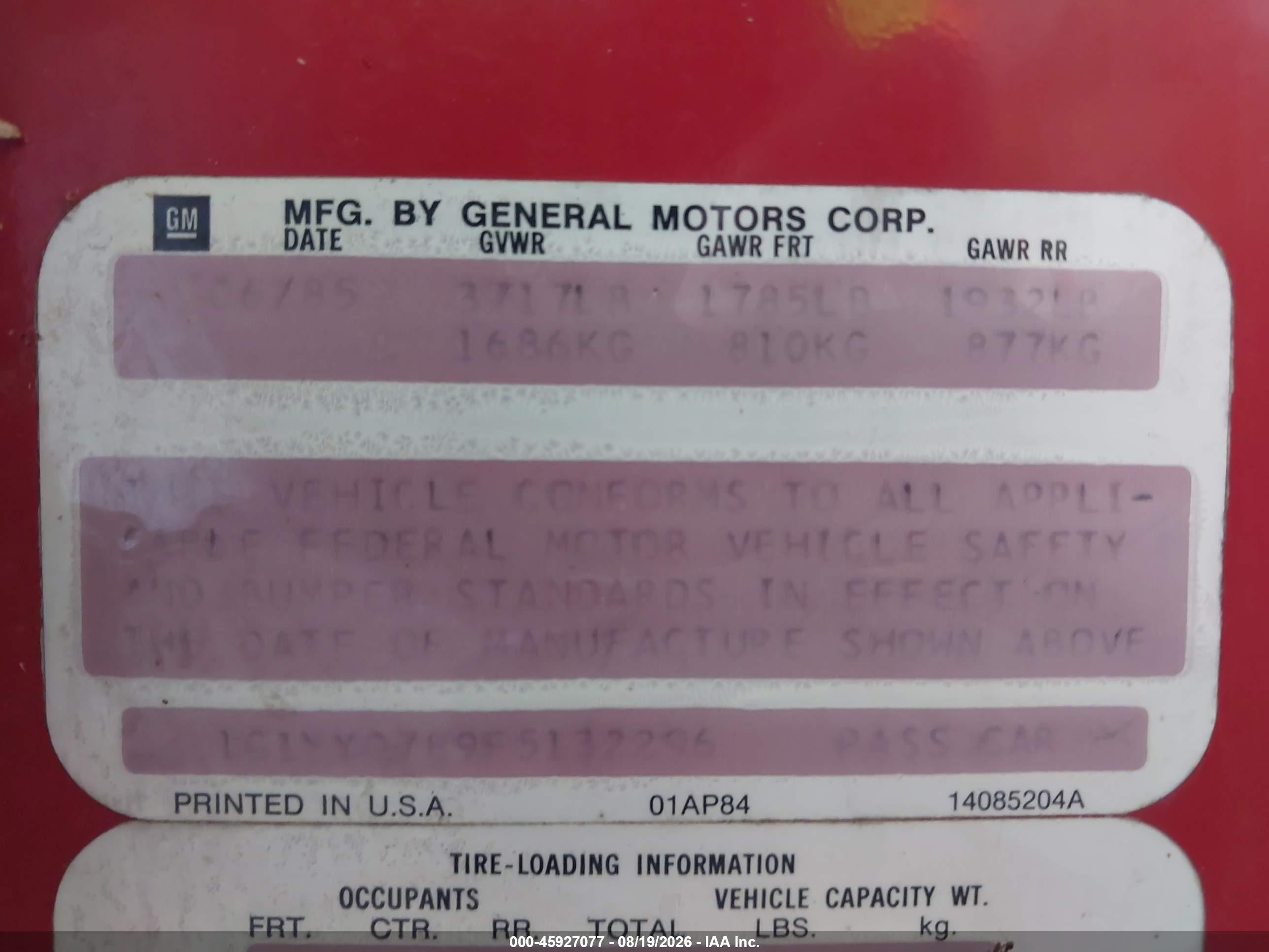 1985 Chevrolet Corvette   Red vin: 1G1YY0789F5132296