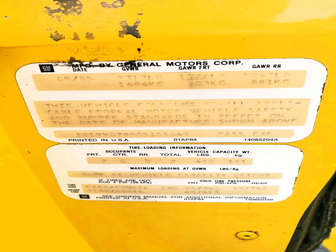 1986 Chevrolet Corvette Yellow vin: 1G1YY0789G5105049