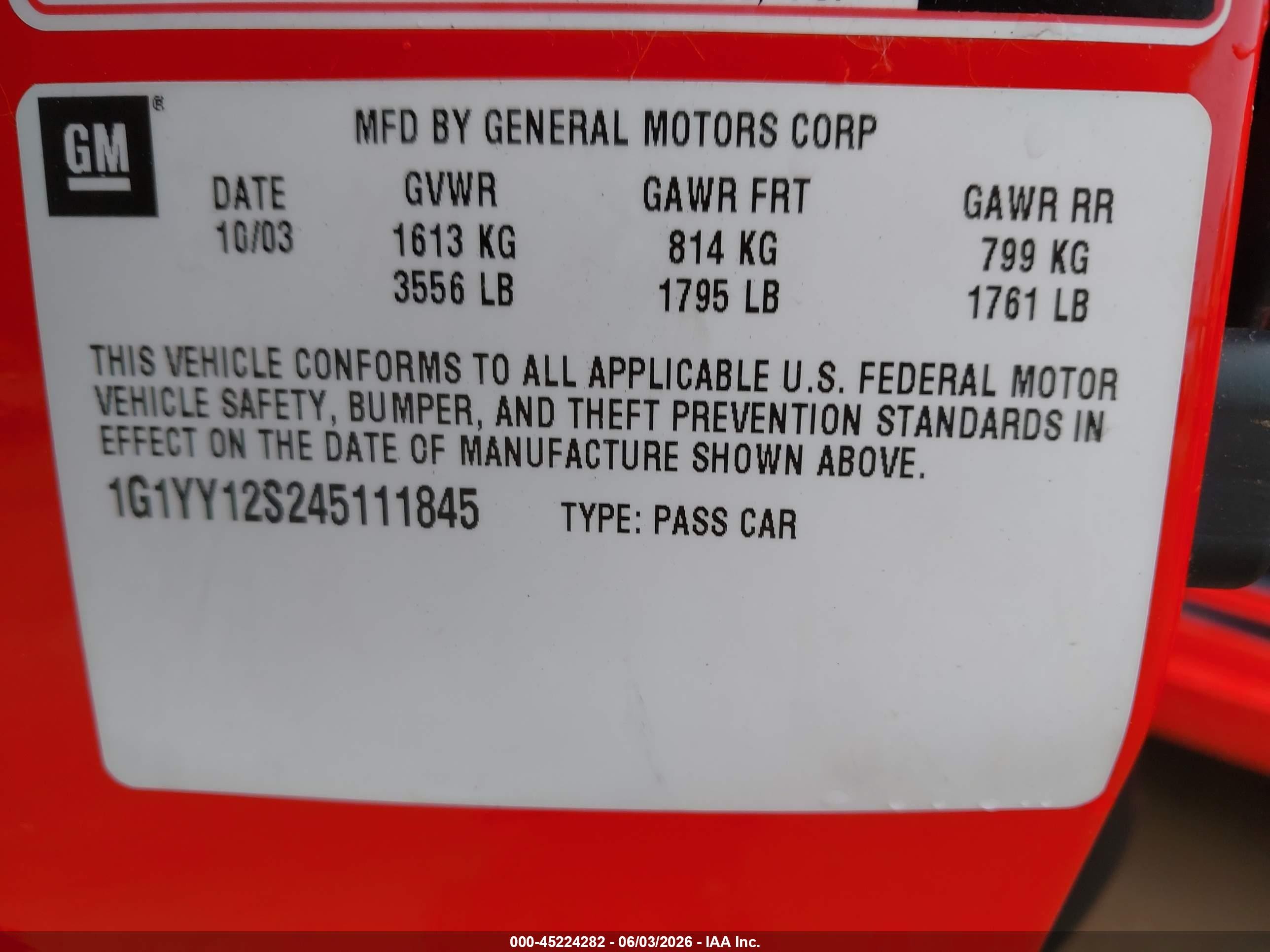 2004 Chevrolet Corvette Z06 Hardtop Red vin: 1G1YY12S245111845