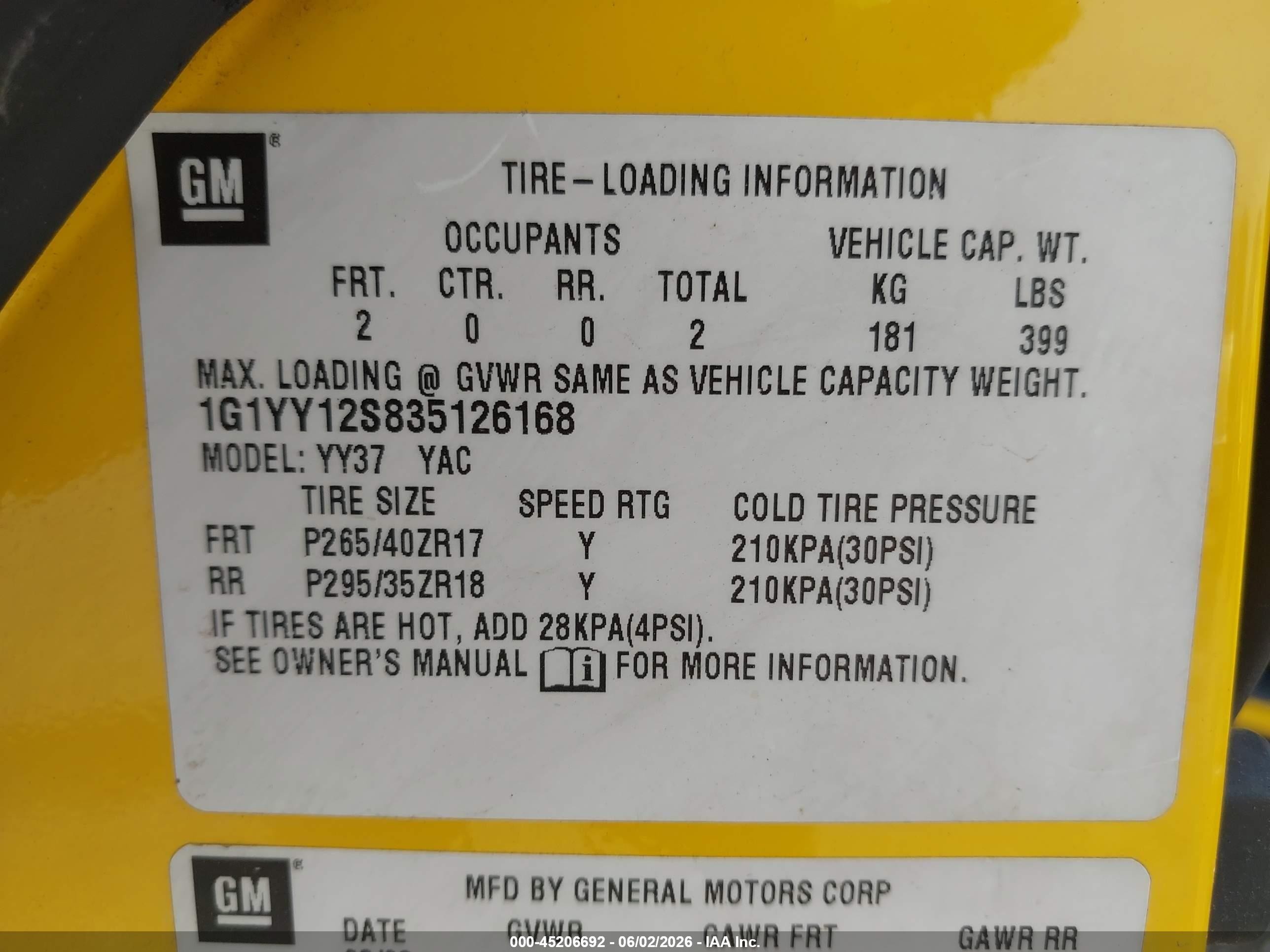 2003 Chevrolet Corvette Z06 Hardtop Yellow vin: 1G1YY12S835126168