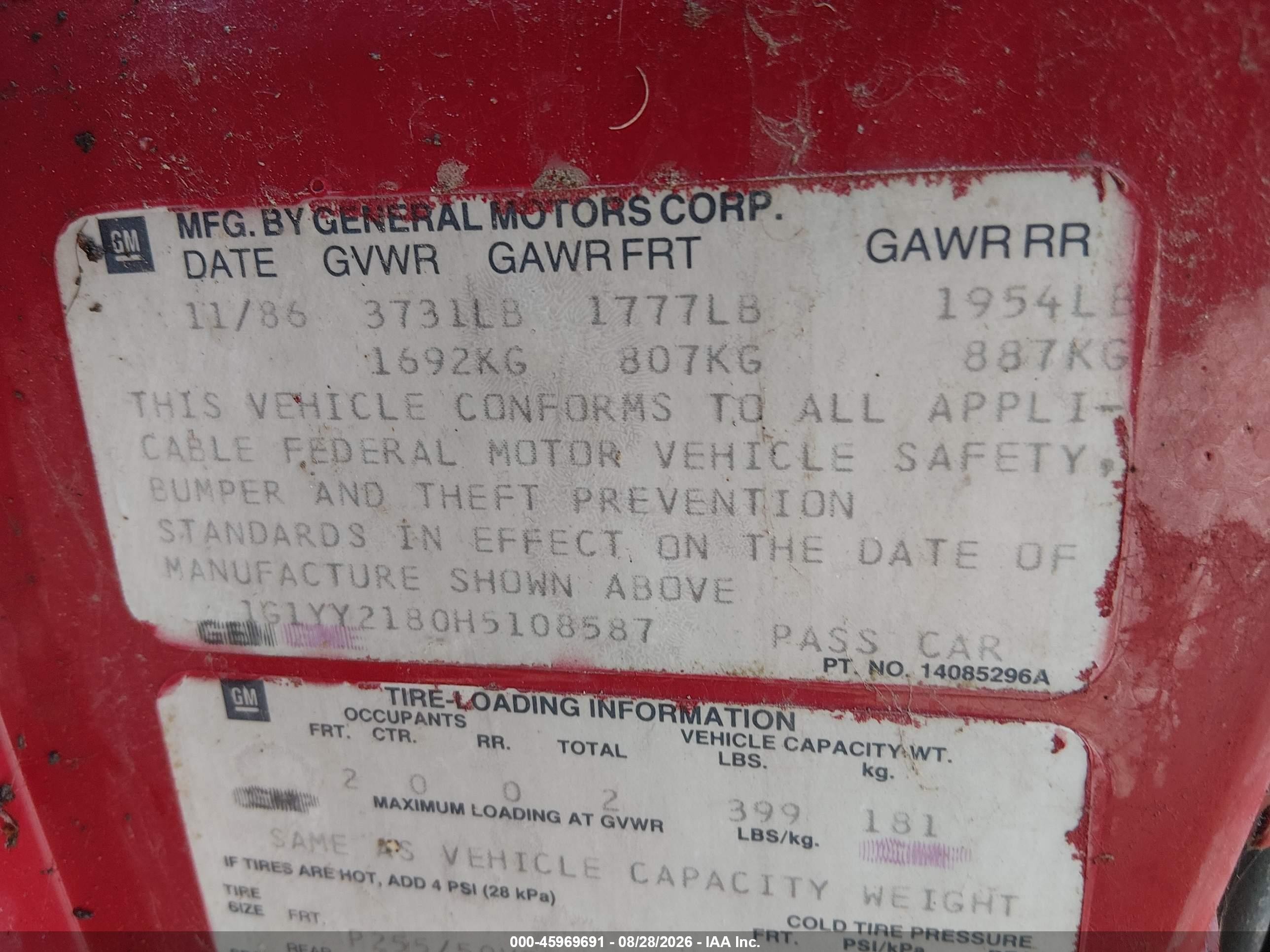 1987 Chevrolet Corvette   Red vin: 1G1YY2180H5108587