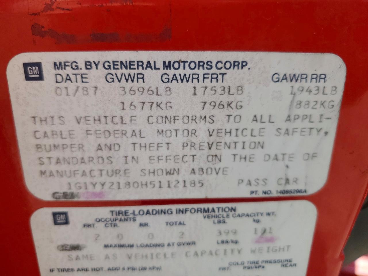1987 Chevrolet Corvette Red vin: 1G1YY2180H5112185