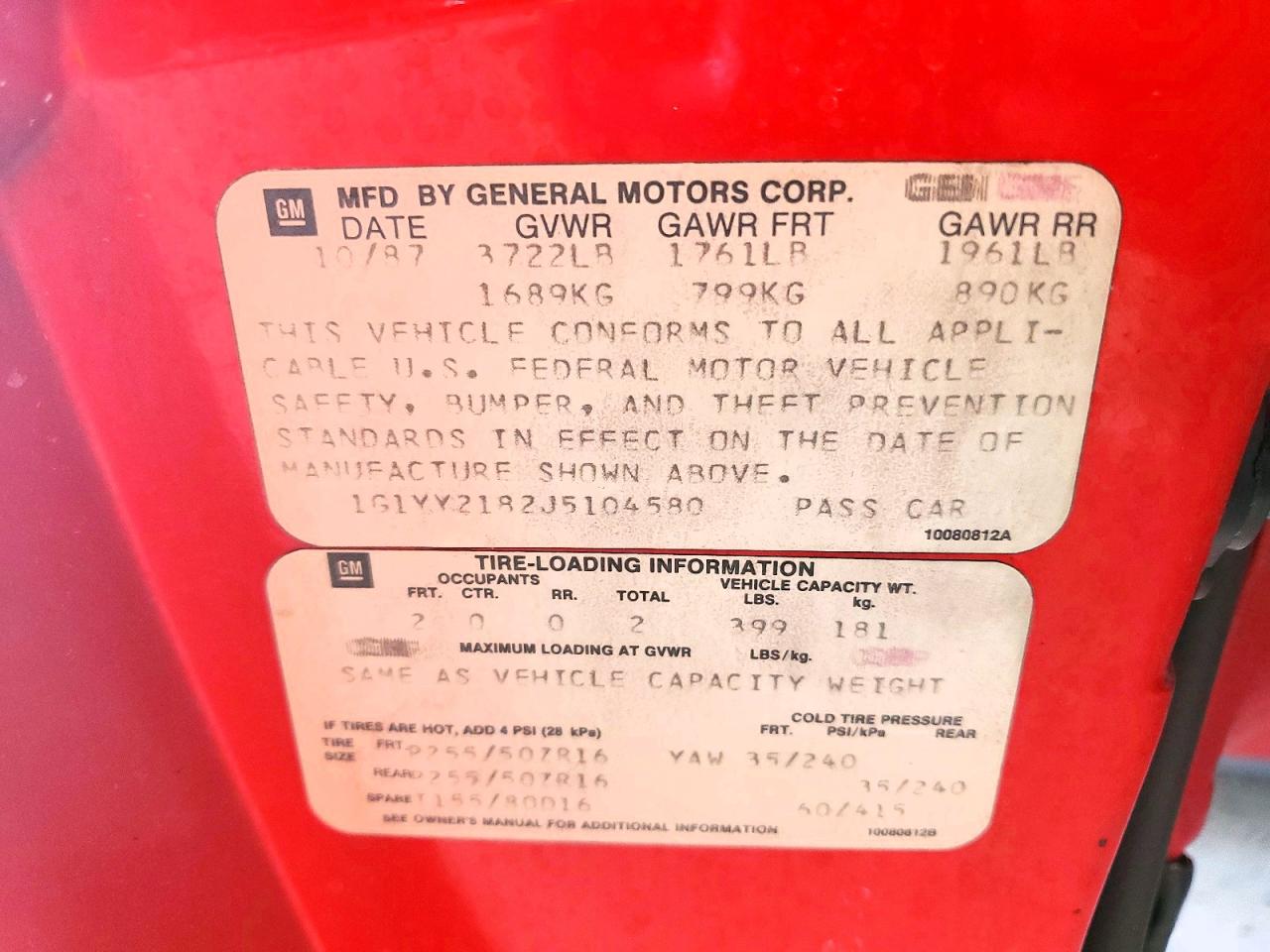 1988 Chevrolet Corvette Red vin: 1G1YY2182J5104580