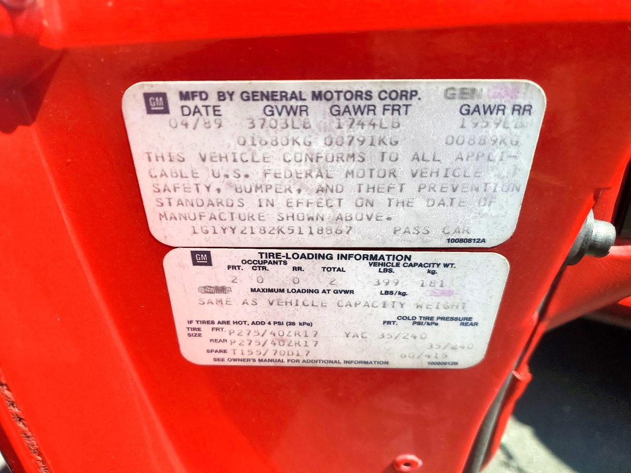 1989 Chevrolet Corvette Red vin: 1G1YY2182K5118867