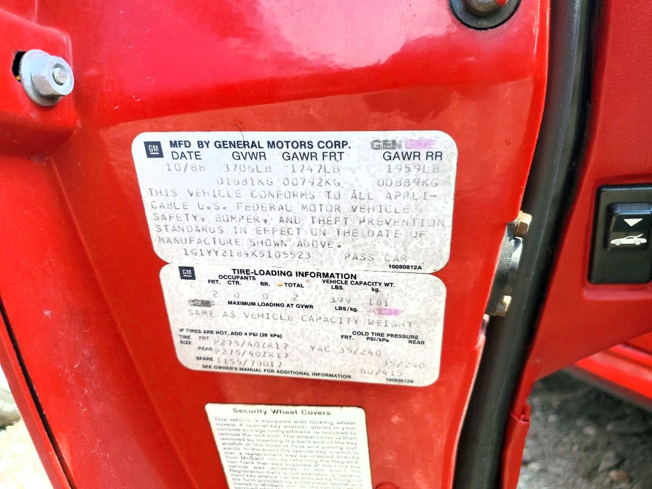 1989 Chevrolet Corvette Red vin: 1G1YY2184K5105523
