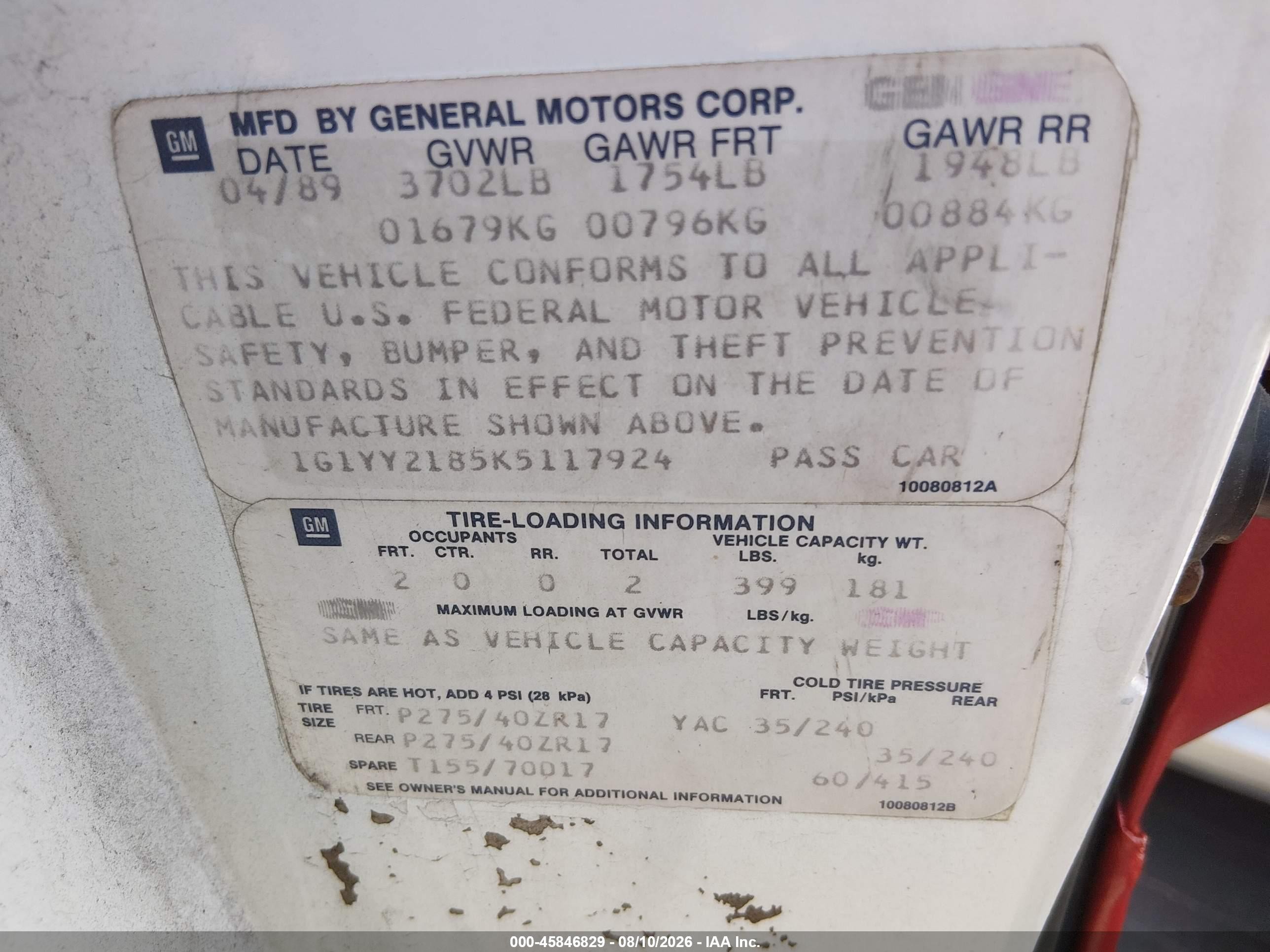 1989 Chevrolet Corvette White vin: 1G1YY2185K5117924