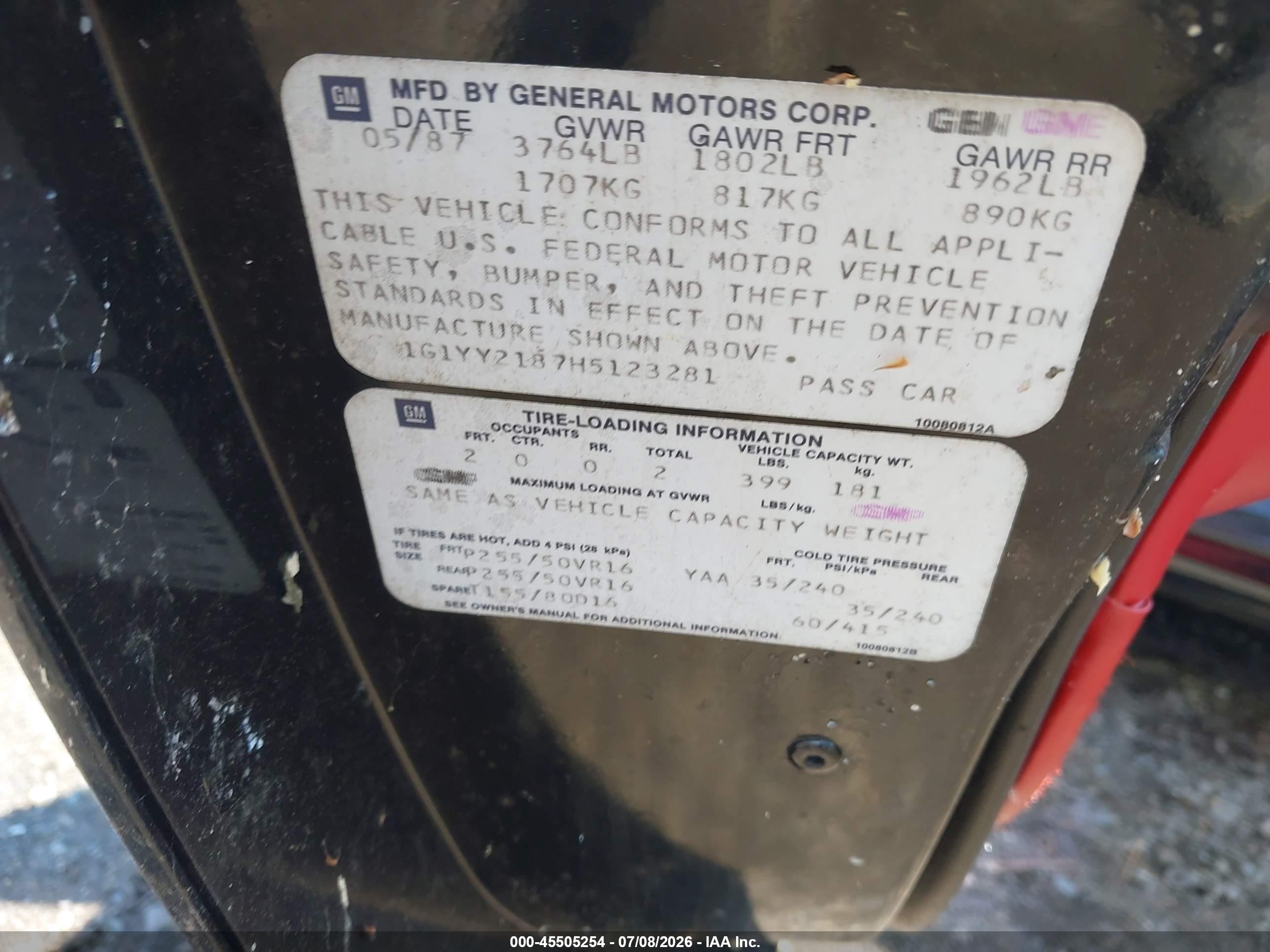 1987 Chevrolet Corvette   Черный vin: 1G1YY2187H5123281