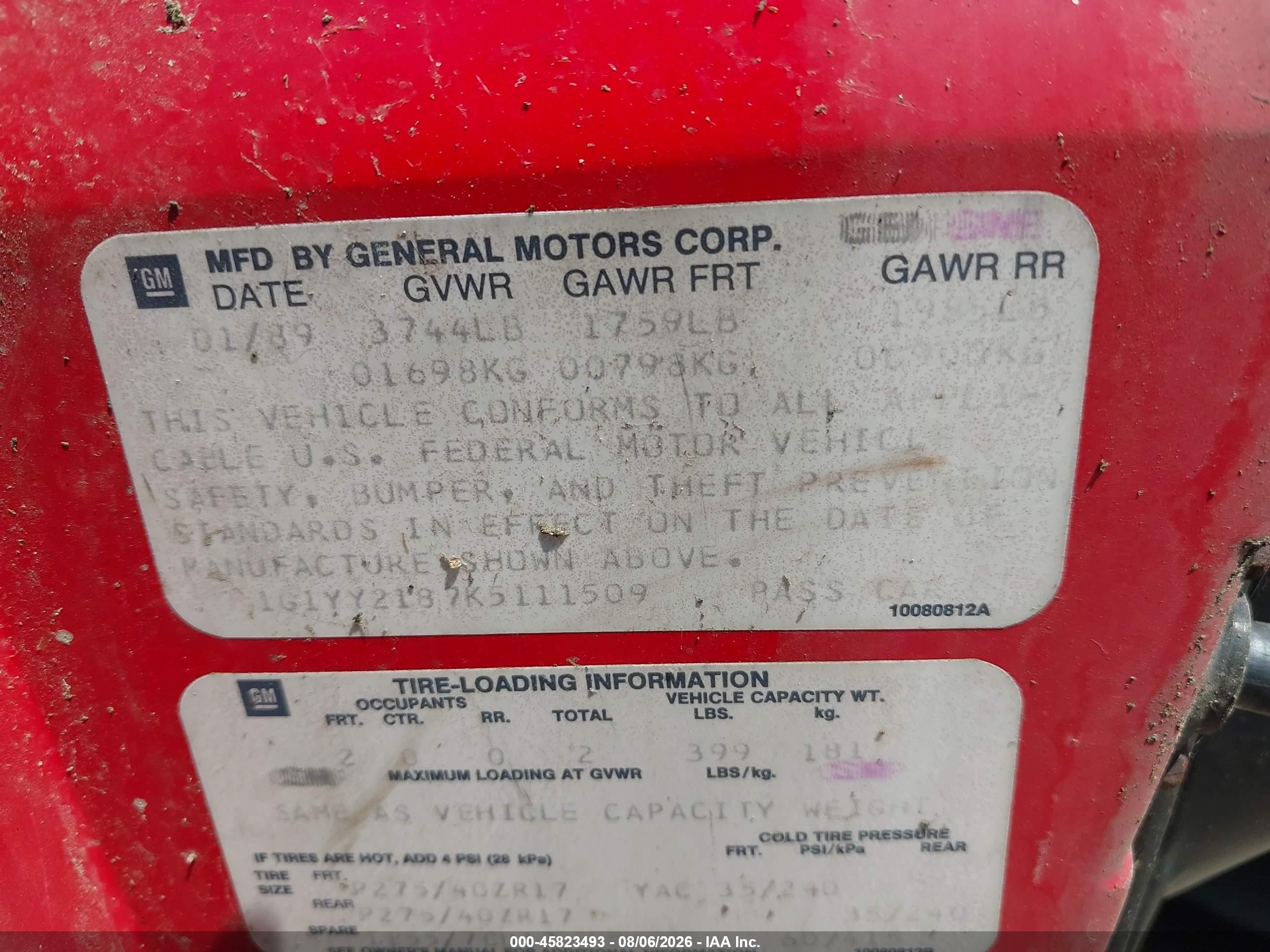 1989 Chevrolet Corvette   Red vin: 1G1YY2187K5111509