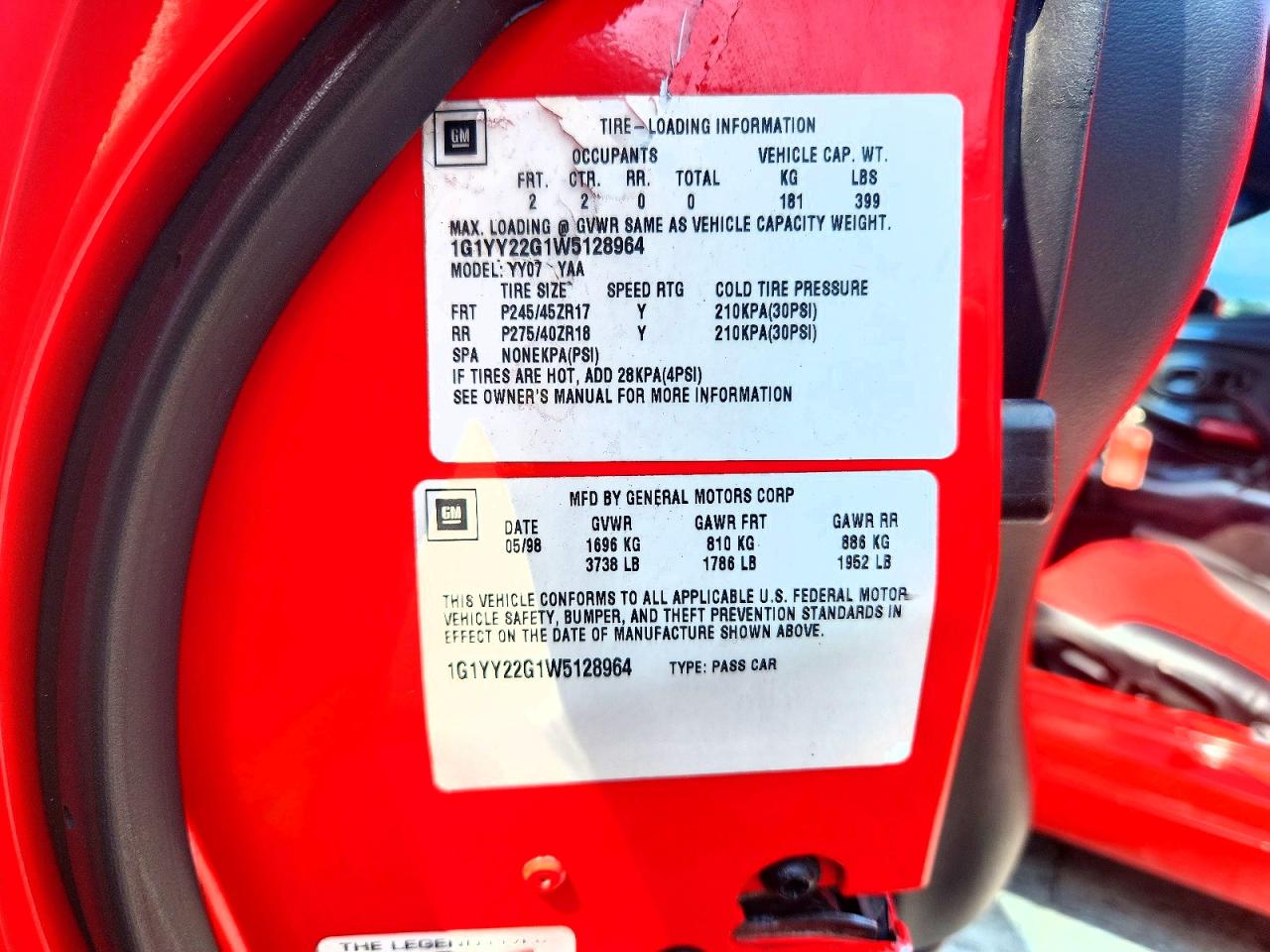 1998 Chevrolet Corvette Red vin: 1G1YY22G1W5128964