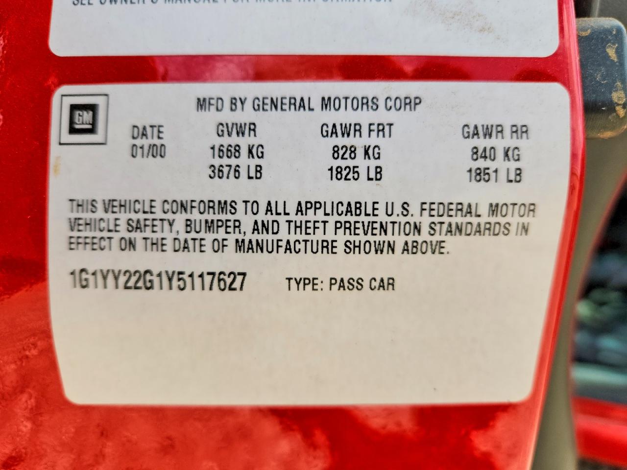 2000 Chevrolet Corvette Red vin: 1G1YY22G1Y5117627