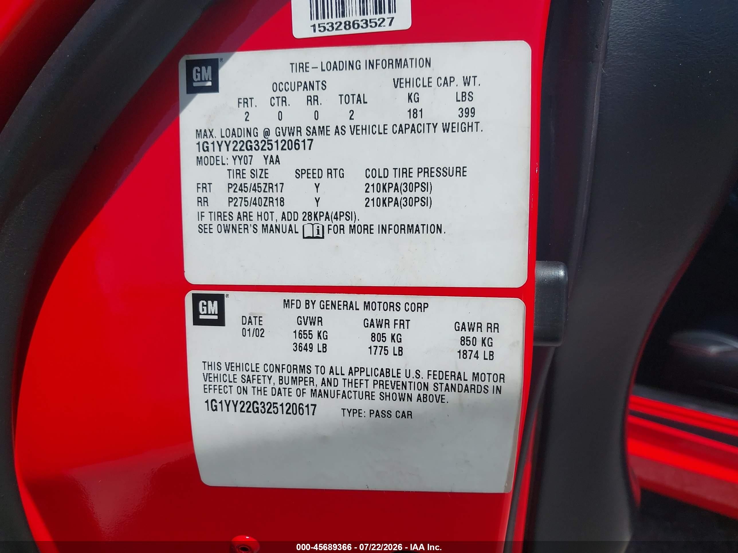 2002 Chevrolet Corvette   Red vin: 1G1YY22G325120617