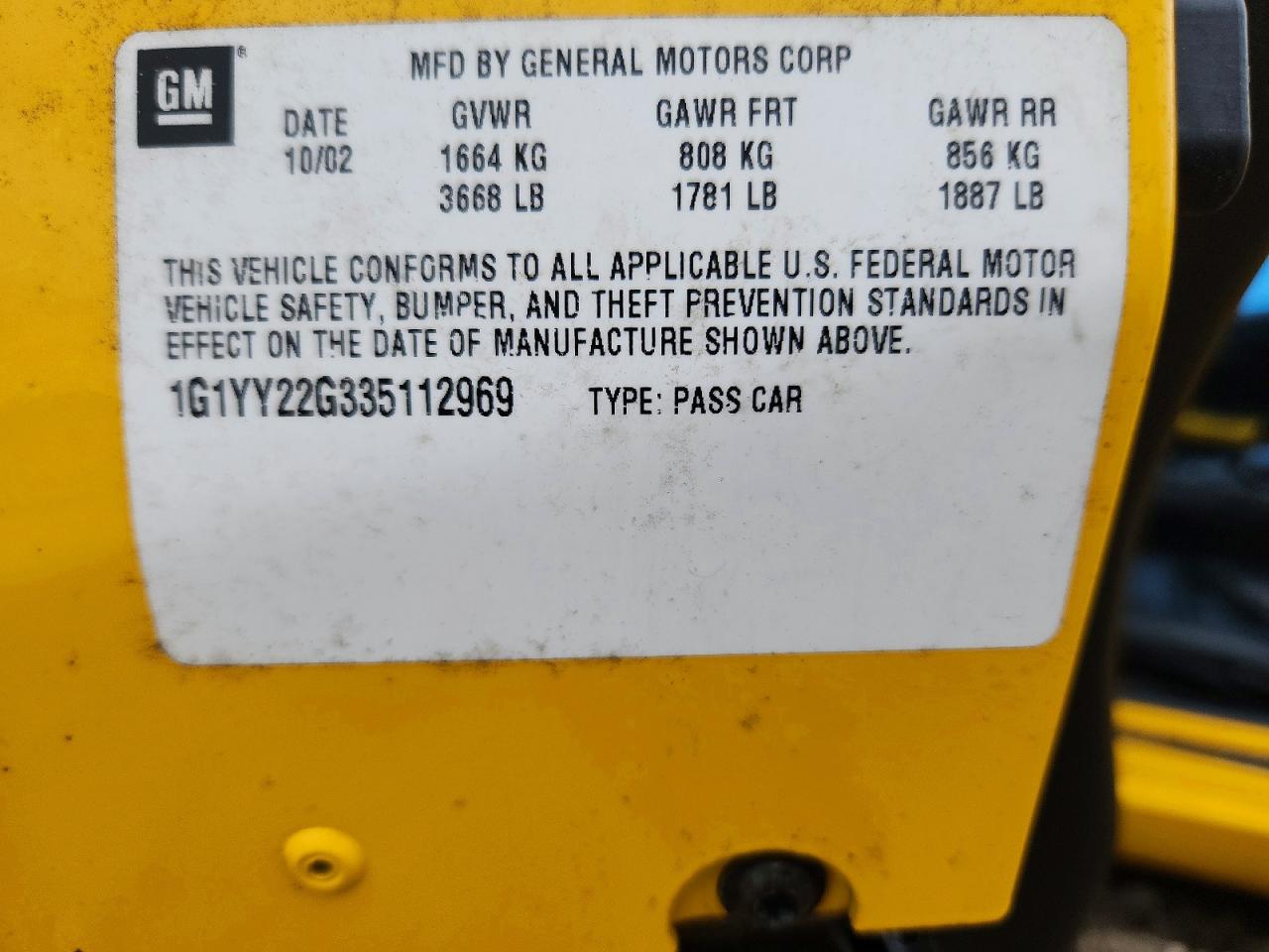 2003 Chevrolet Corvette Yellow vin: 1G1YY22G335112969
