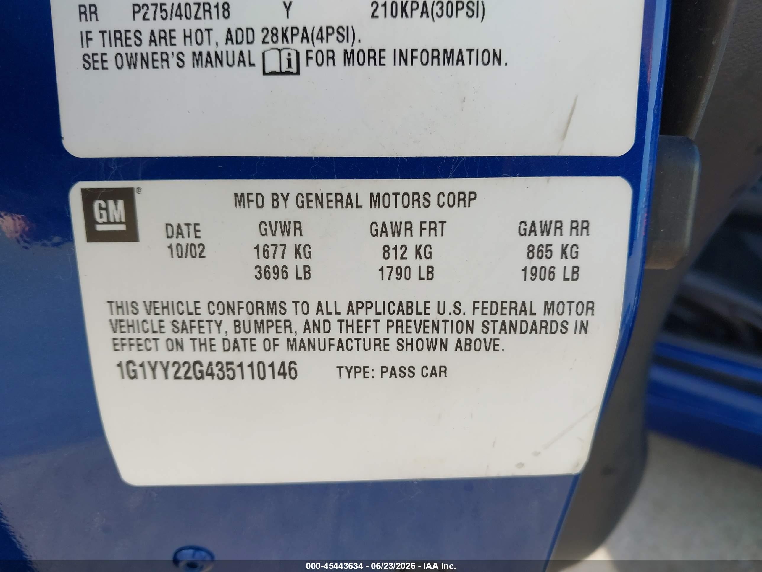 2003 Chevrolet Corvette Blue vin: 1G1YY22G435110146