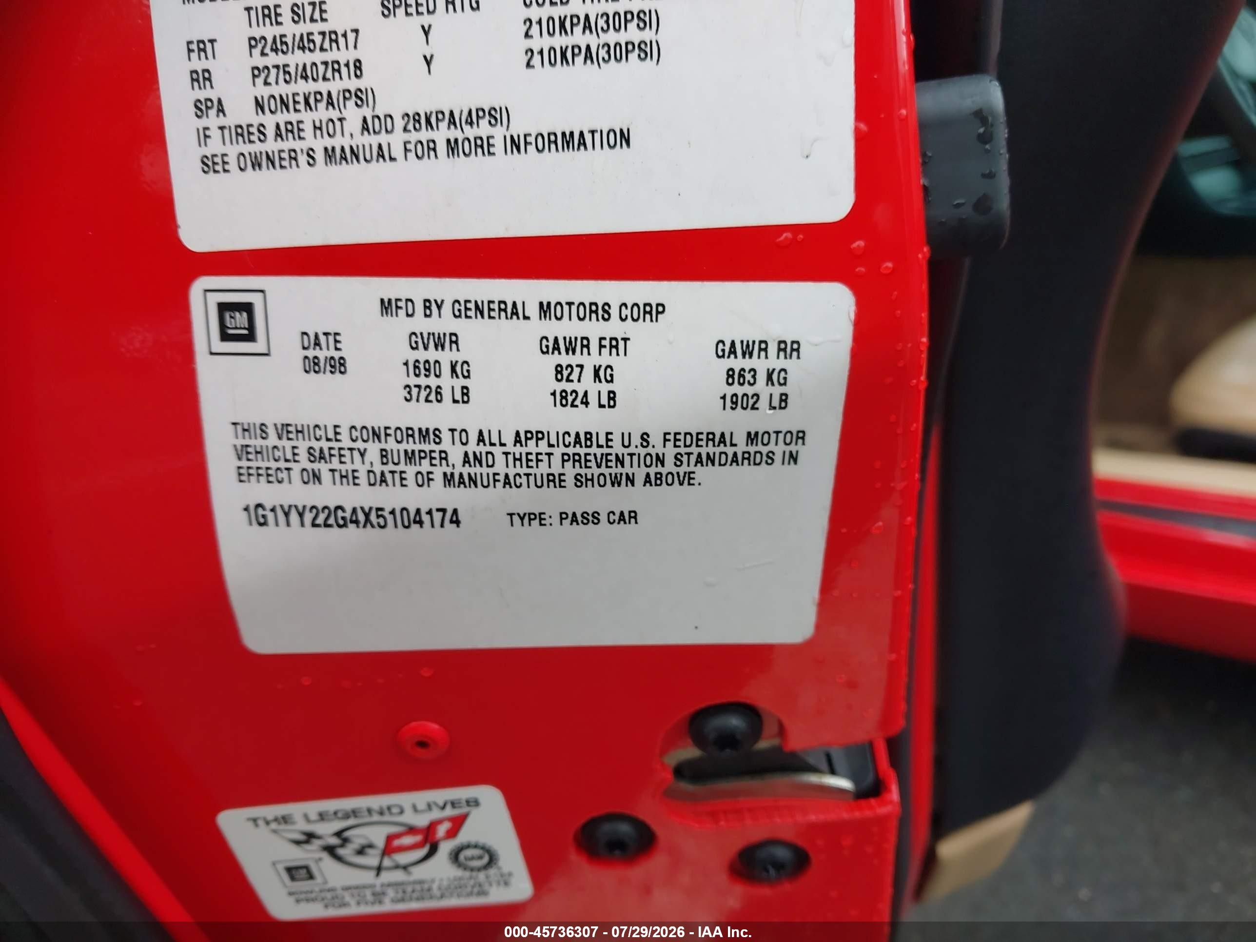 1999 Chevrolet Corvette   Red vin: 1G1YY22G4X5104174