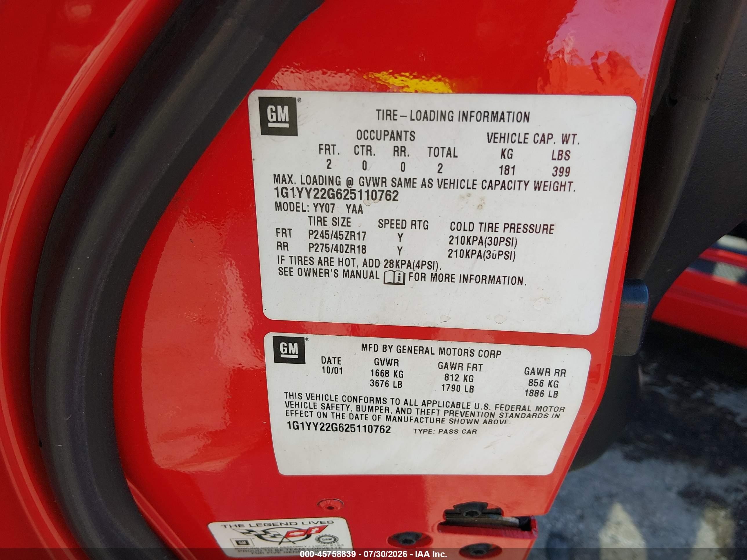 2002 Chevrolet Corvette   Red vin: 1G1YY22G625110762