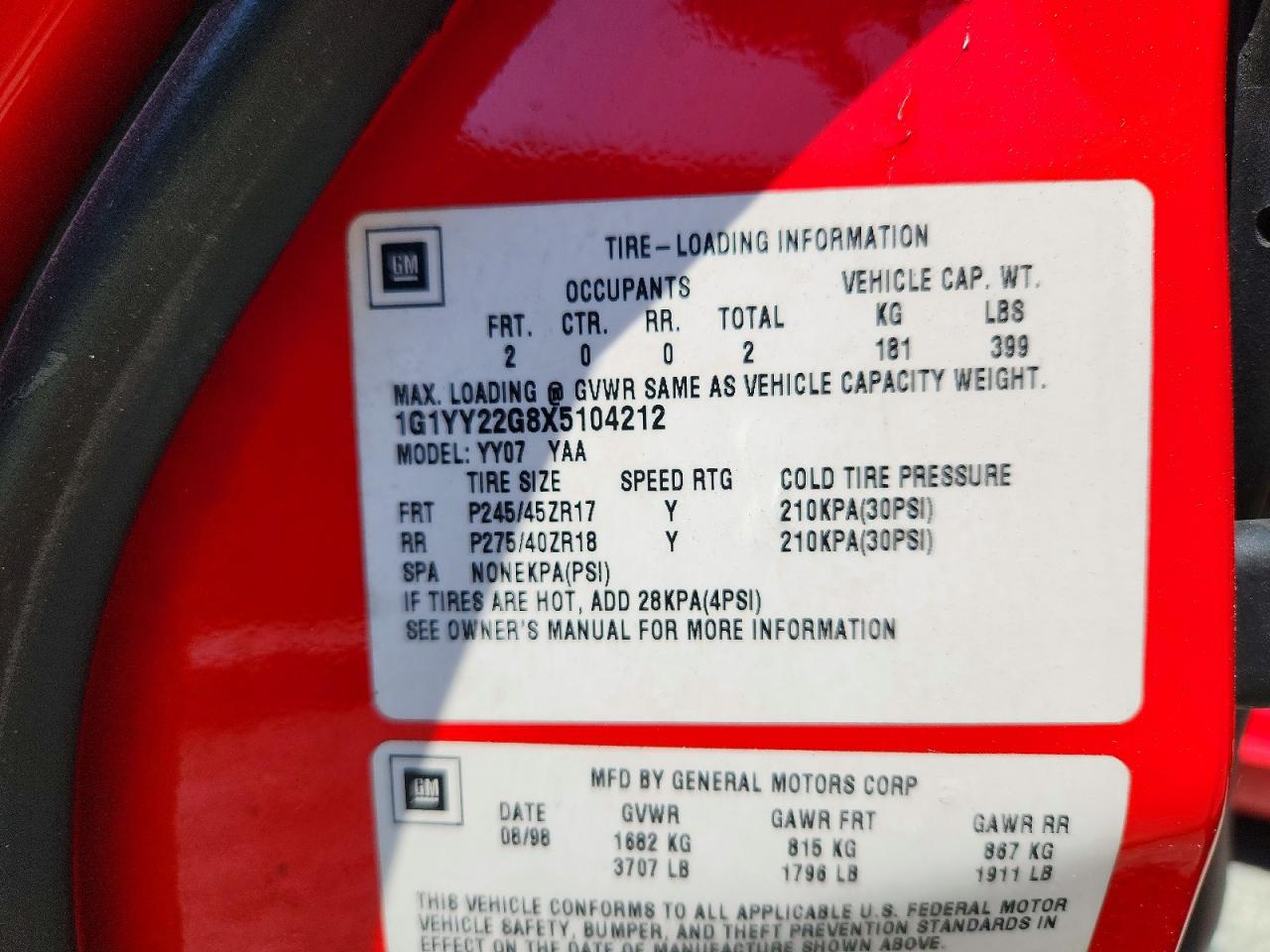 1999 Chevrolet Corvette Red vin: 1G1YY22G8X5104212
