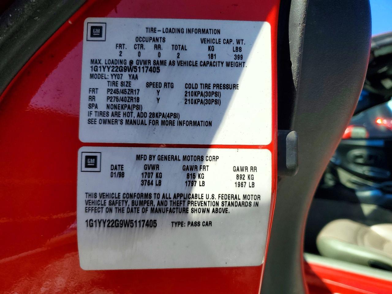 1998 Chevrolet Corvette Red vin: 1G1YY22G9W5117405