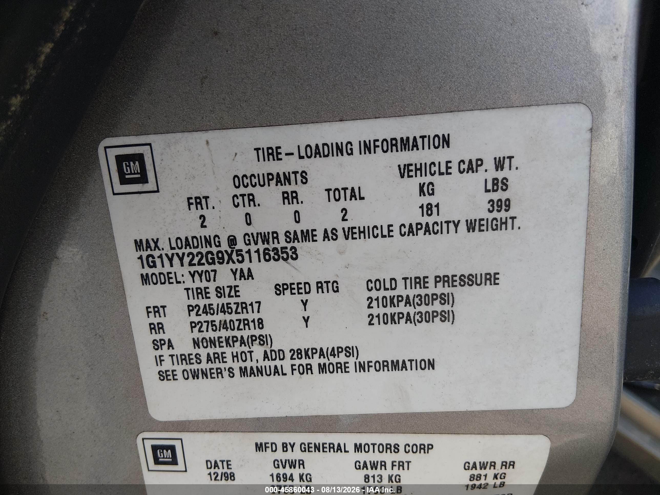 1999 Chevrolet Corvette   Tan vin: 1G1YY22G9X5116353
