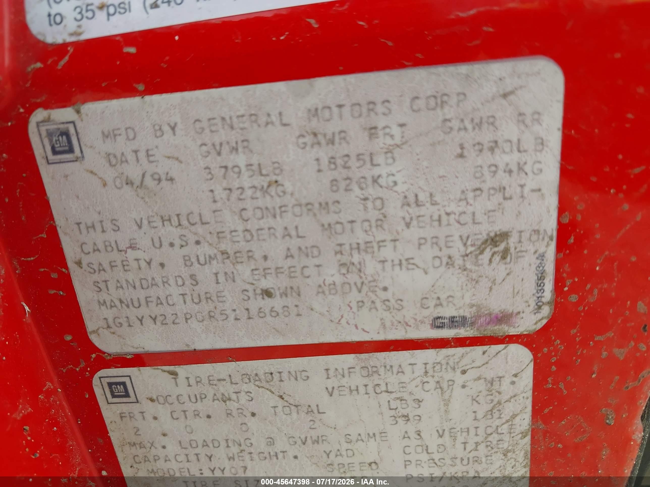 1994 Chevrolet Corvette   Red vin: 1G1YY22P0R5116681
