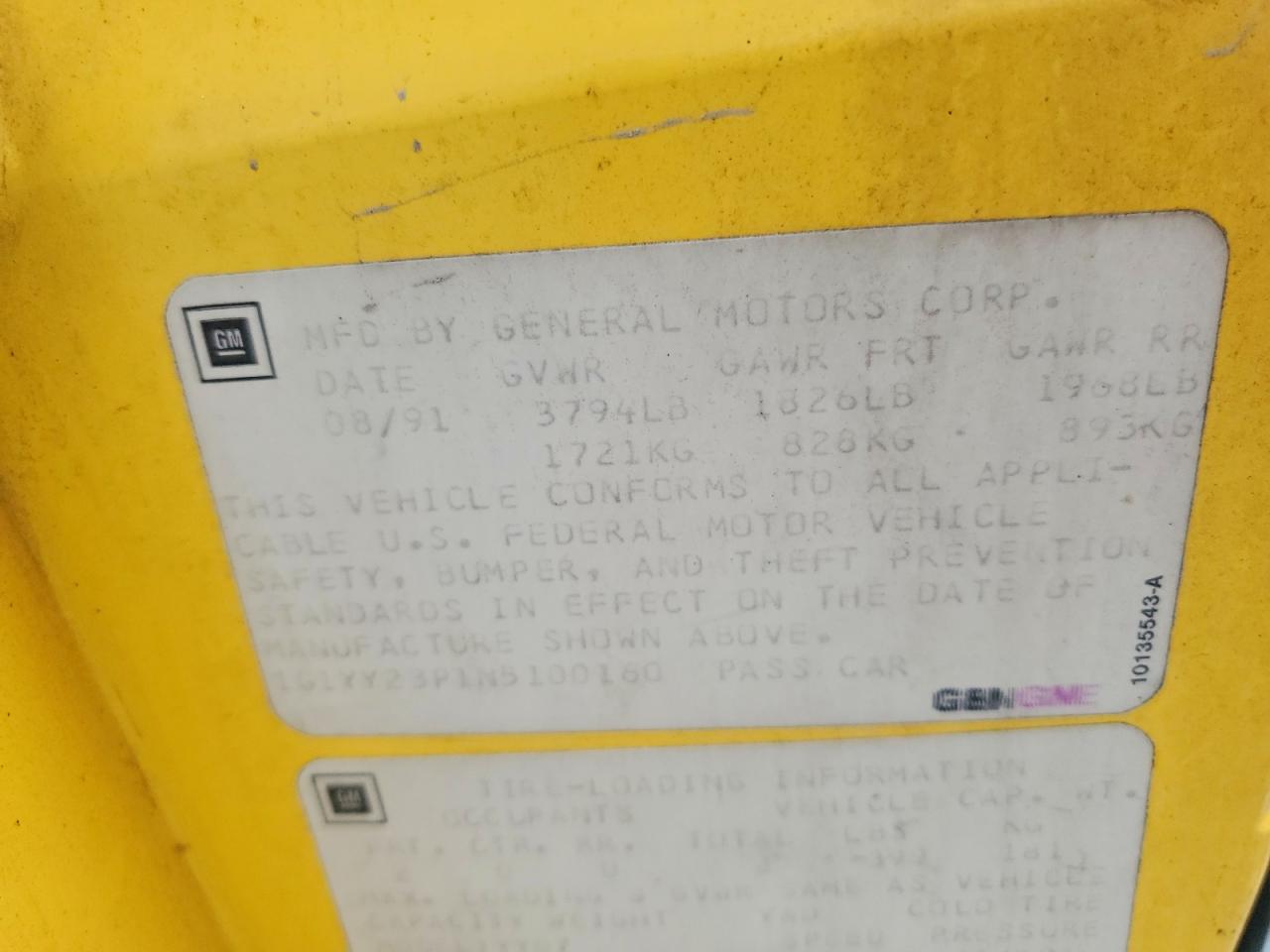 1992 Chevrolet Corvette Yellow vin: 1G1YY23P1N5100160