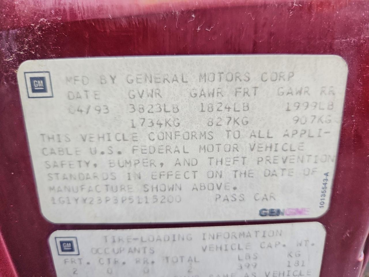 1993 Chevrolet Corvette Burgundy vin: 1G1YY23P3P5115200