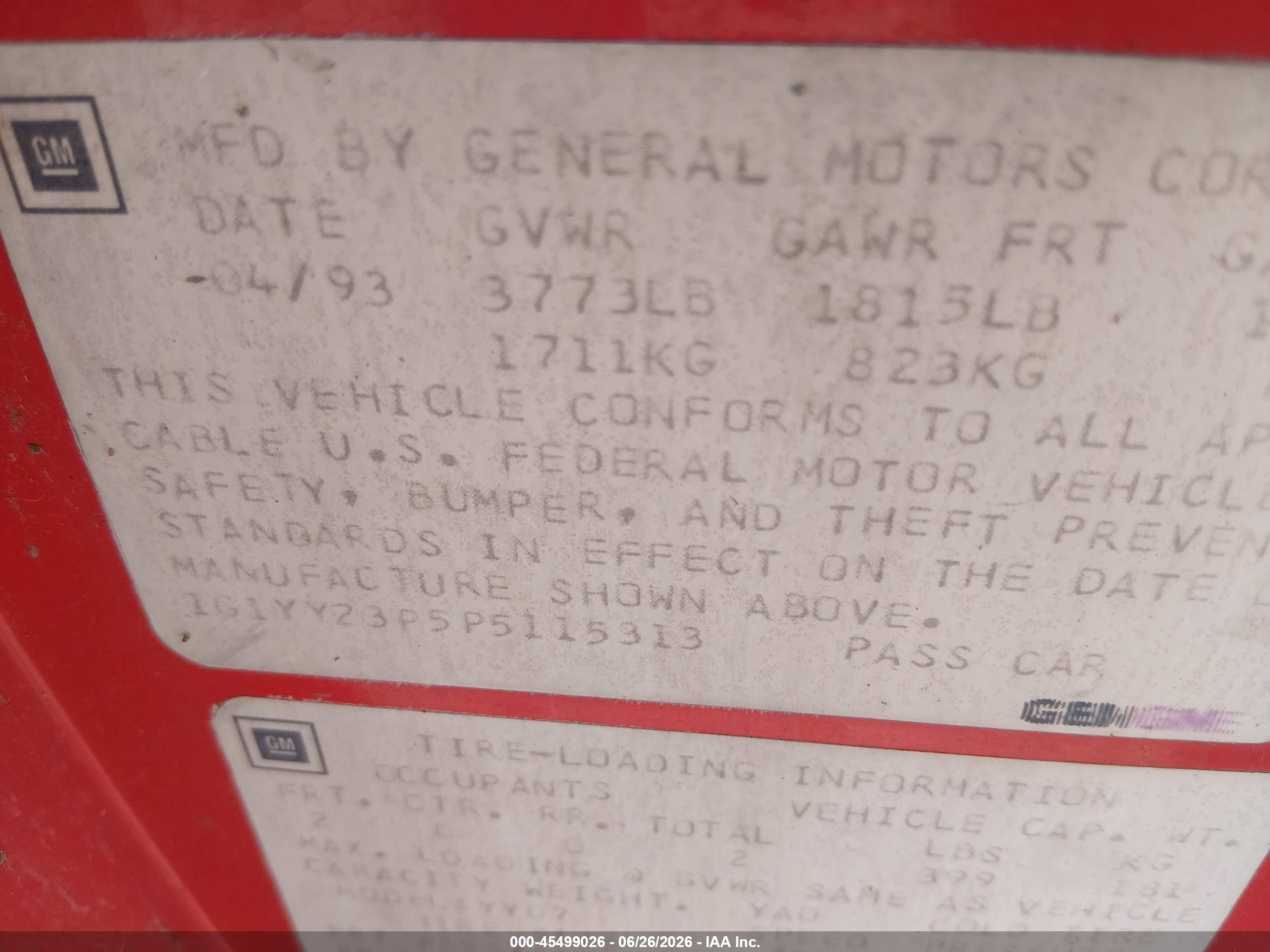 1993 Chevrolet Corvette   Red vin: 1G1YY23P5P5115313