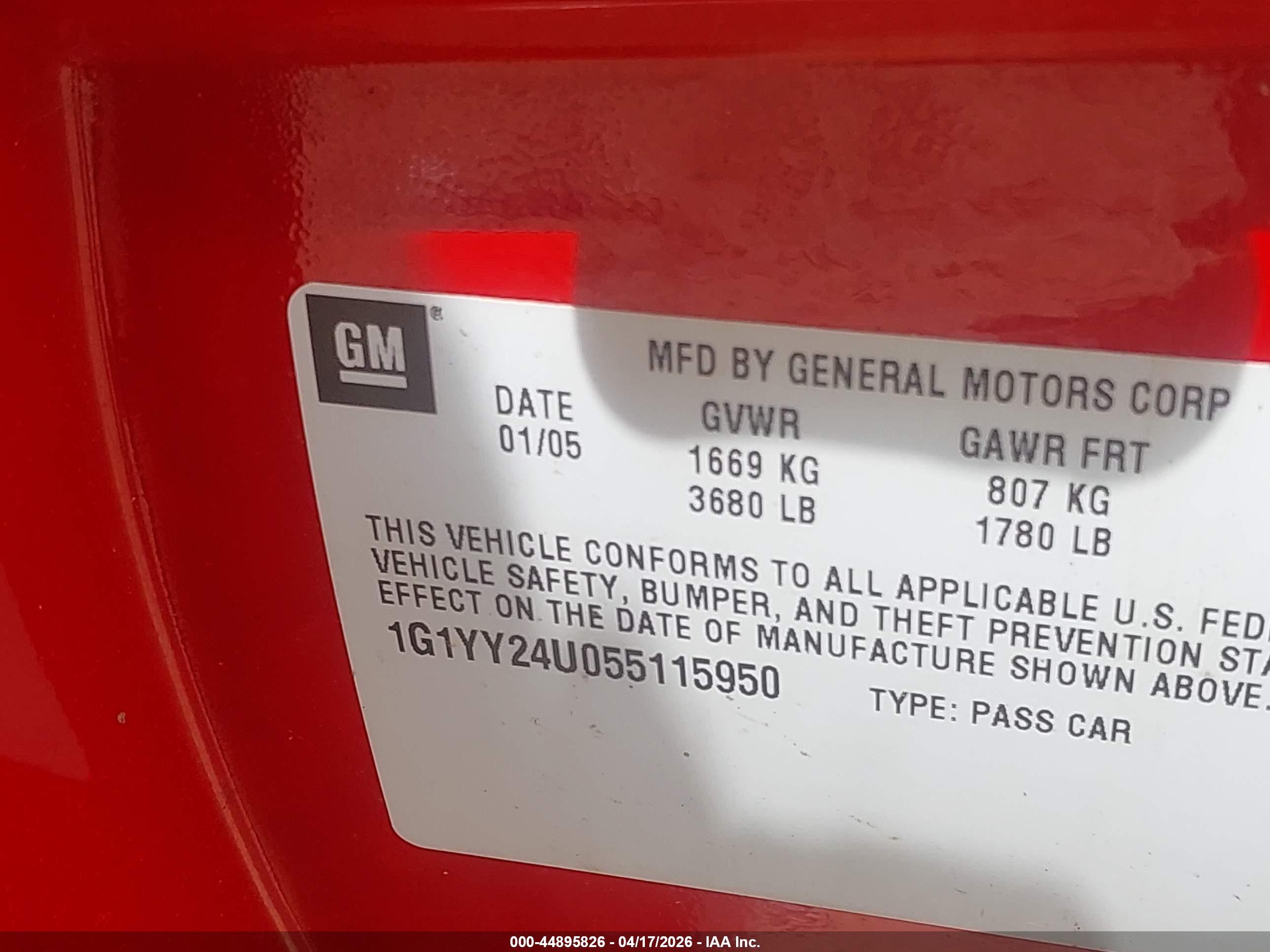 2005 Chevrolet Corvette Red vin: 1G1YY24U055115950