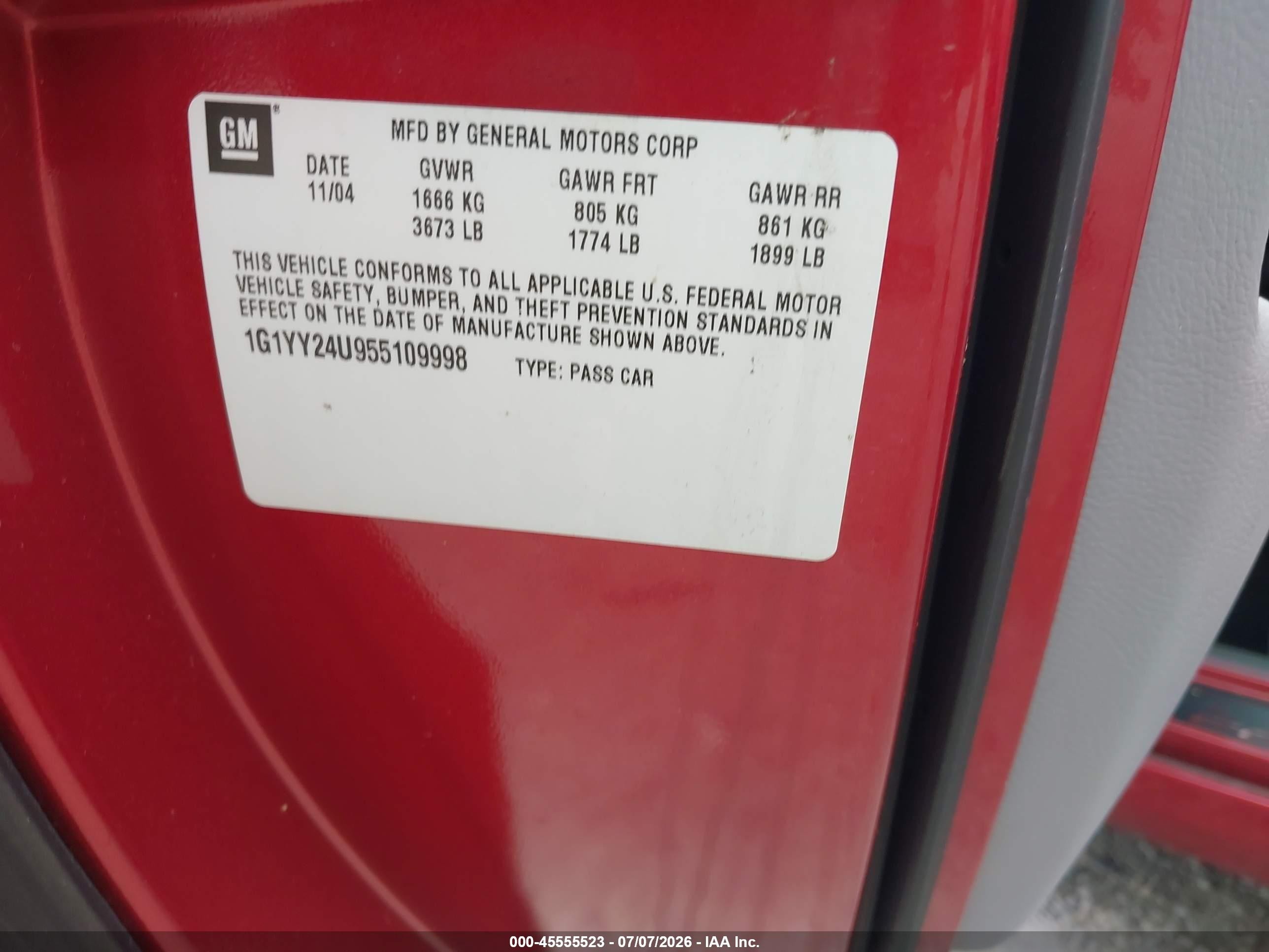 2005 Chevrolet Corvette   Красный vin: 1G1YY24U955109998