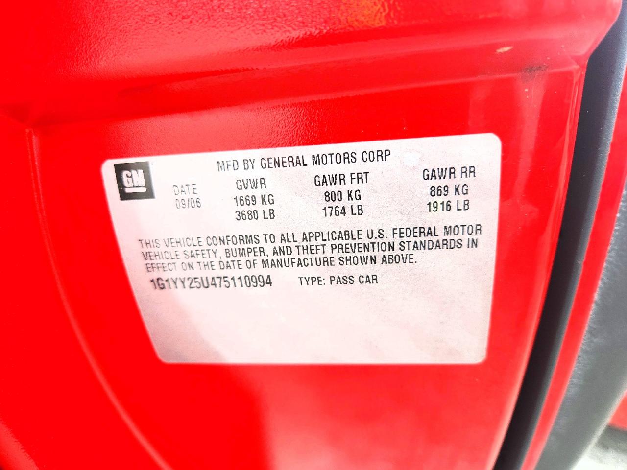 2007 Chevrolet Corvette Red vin: 1G1YY25U475110994
