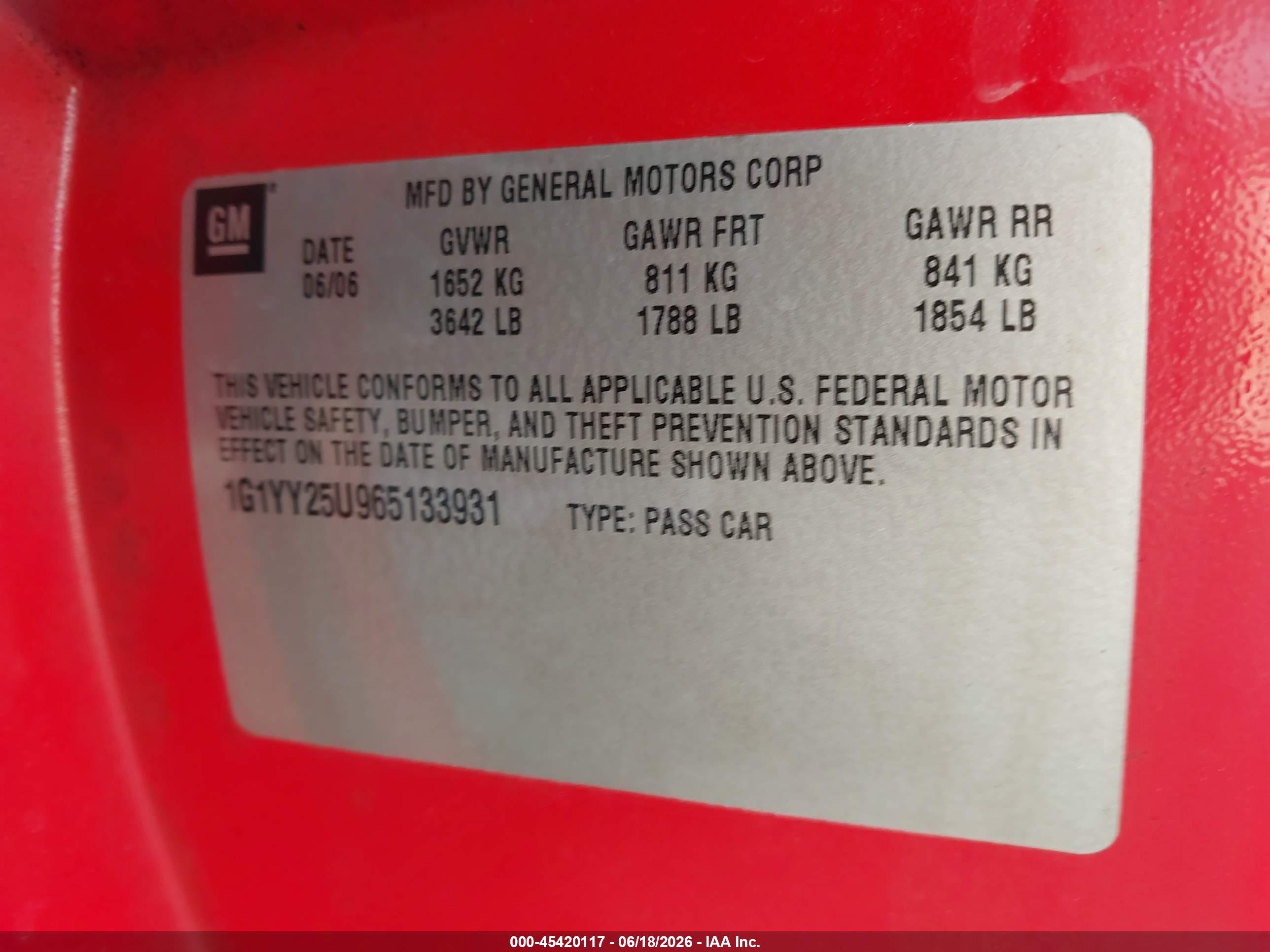 2006 Chevrolet Corvette   Красный vin: 1G1YY25U965133931