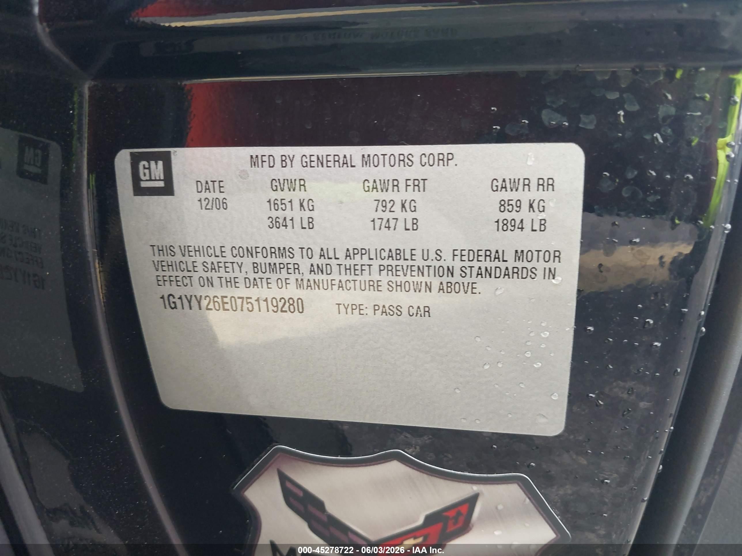 2007 Chevrolet Corvette Z06 Hardtop Black vin: 1G1YY26E075119280