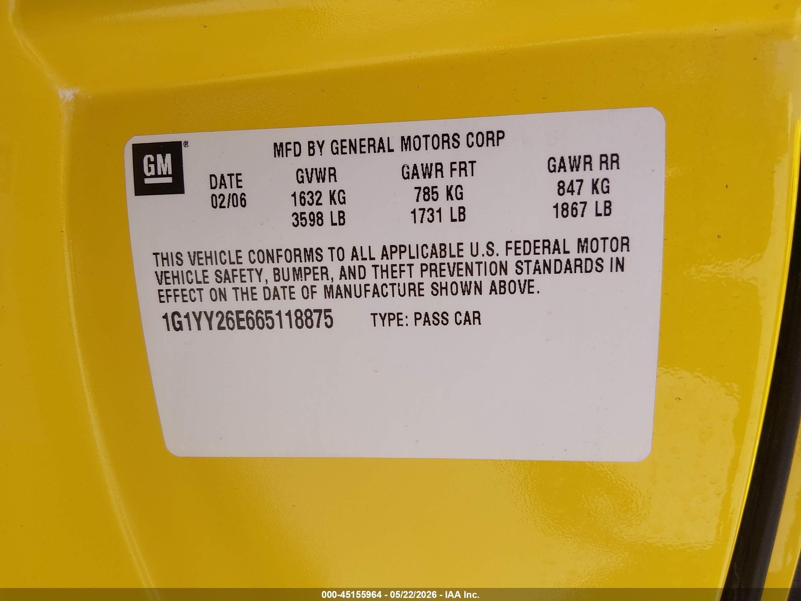 2006 Chevrolet Corvette Z06 Hardtop Yellow vin: 1G1YY26E665118875
