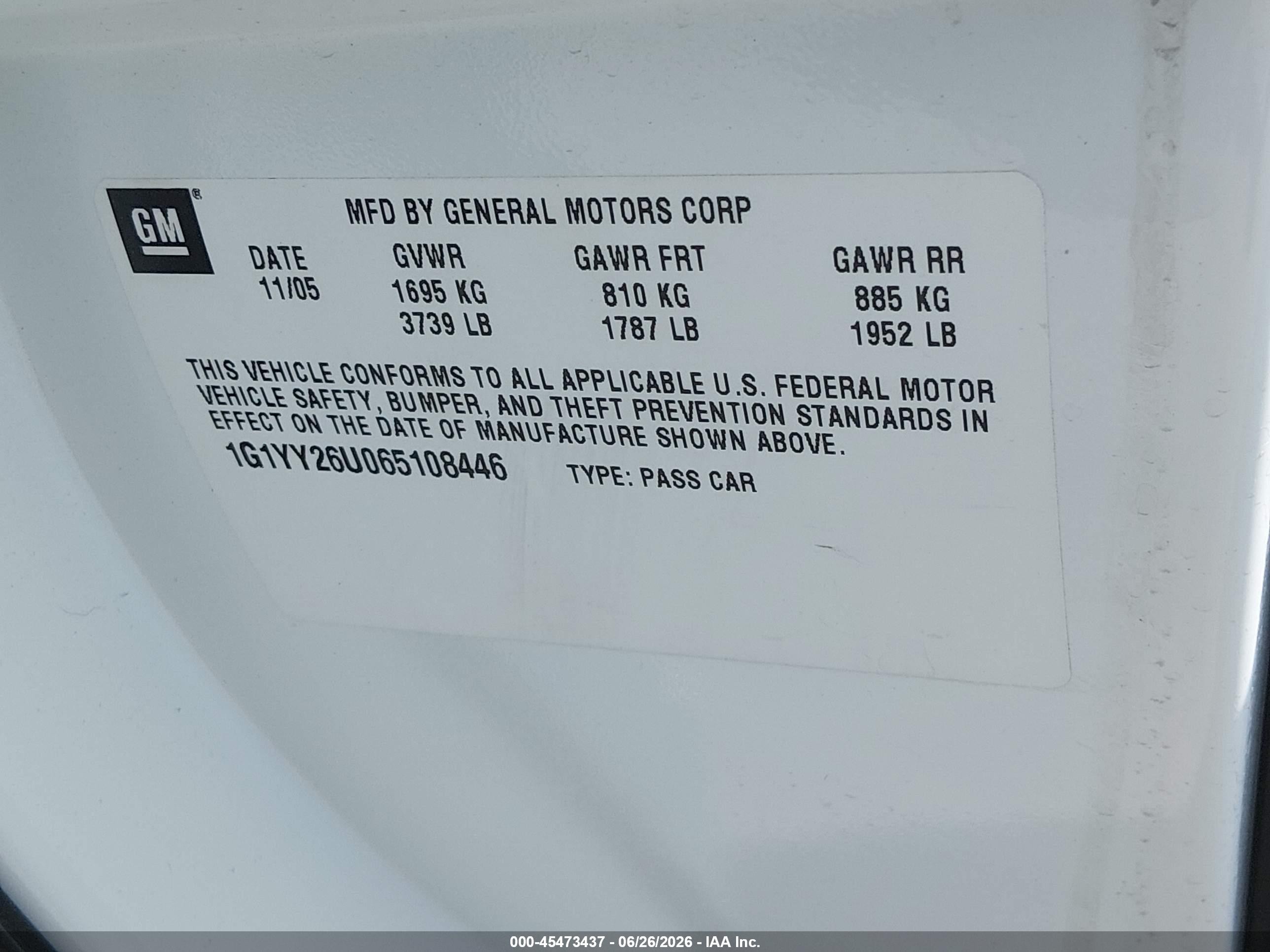 2006 Chevrolet Corvette   White vin: 1G1YY26U065108446