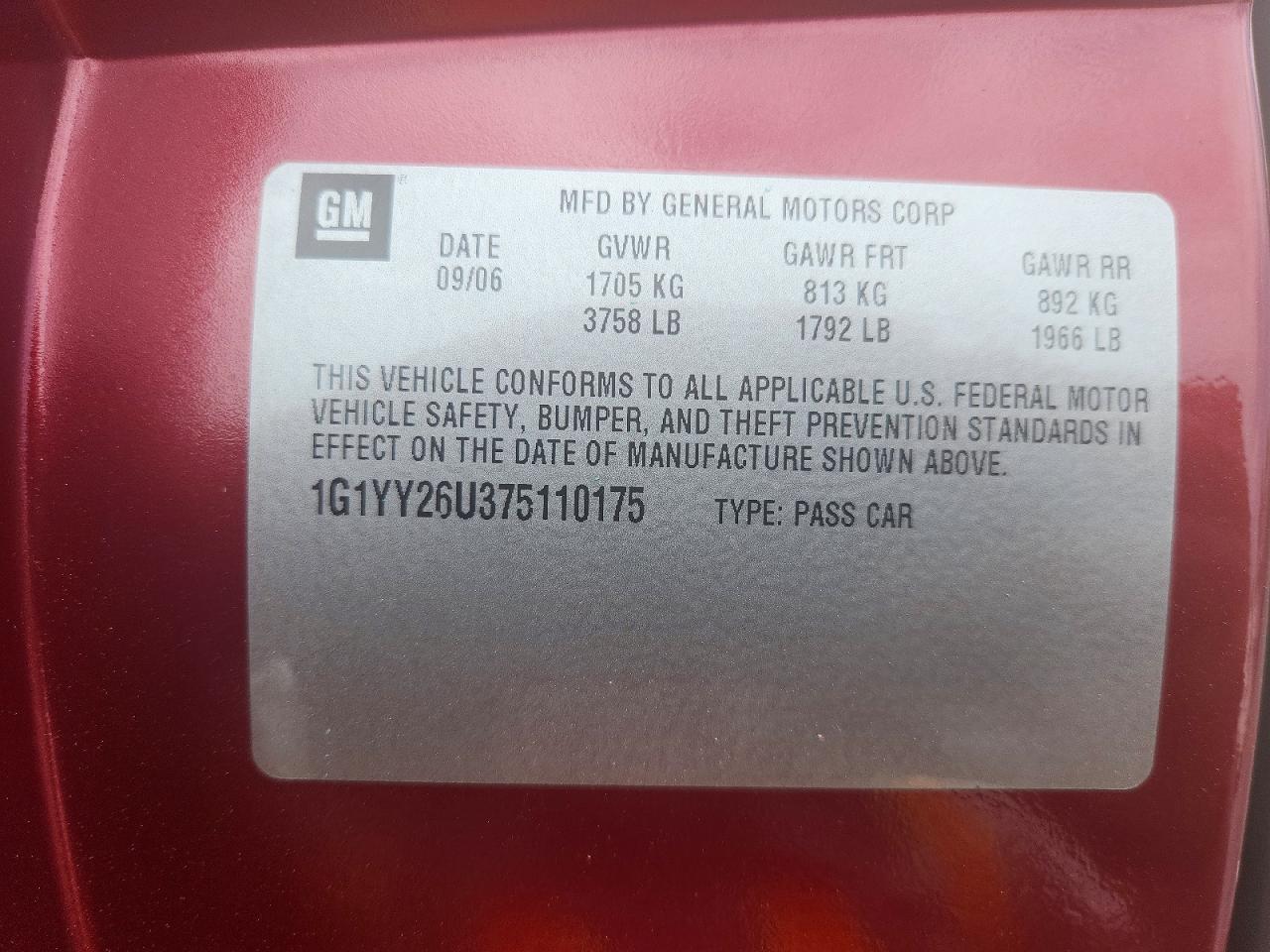 2007 Chevrolet Corvette Burgundy vin: 1G1YY26U375110175