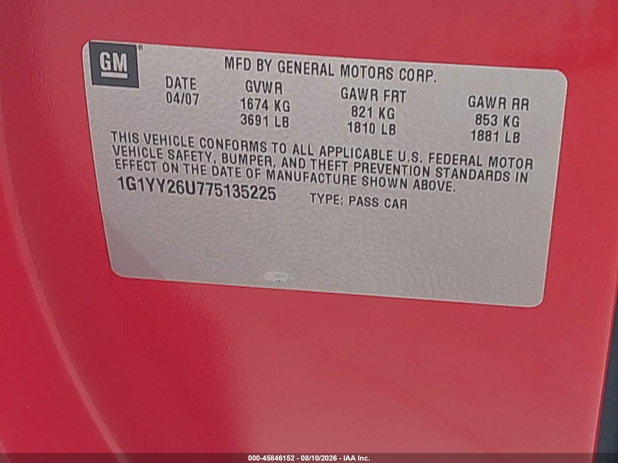 2007 Chevrolet Corvette   Red vin: 1G1YY26U775135225