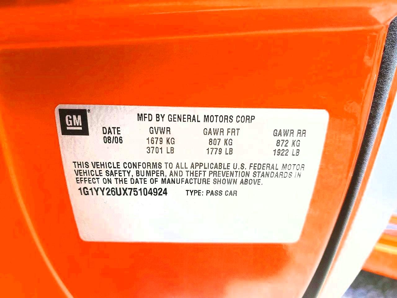 2007 Chevrolet Corvette Orange vin: 1G1YY26UX75104924