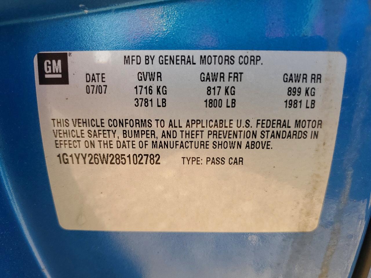 2008 Chevrolet Corvette Blue vin: 1G1YY26W285102782
