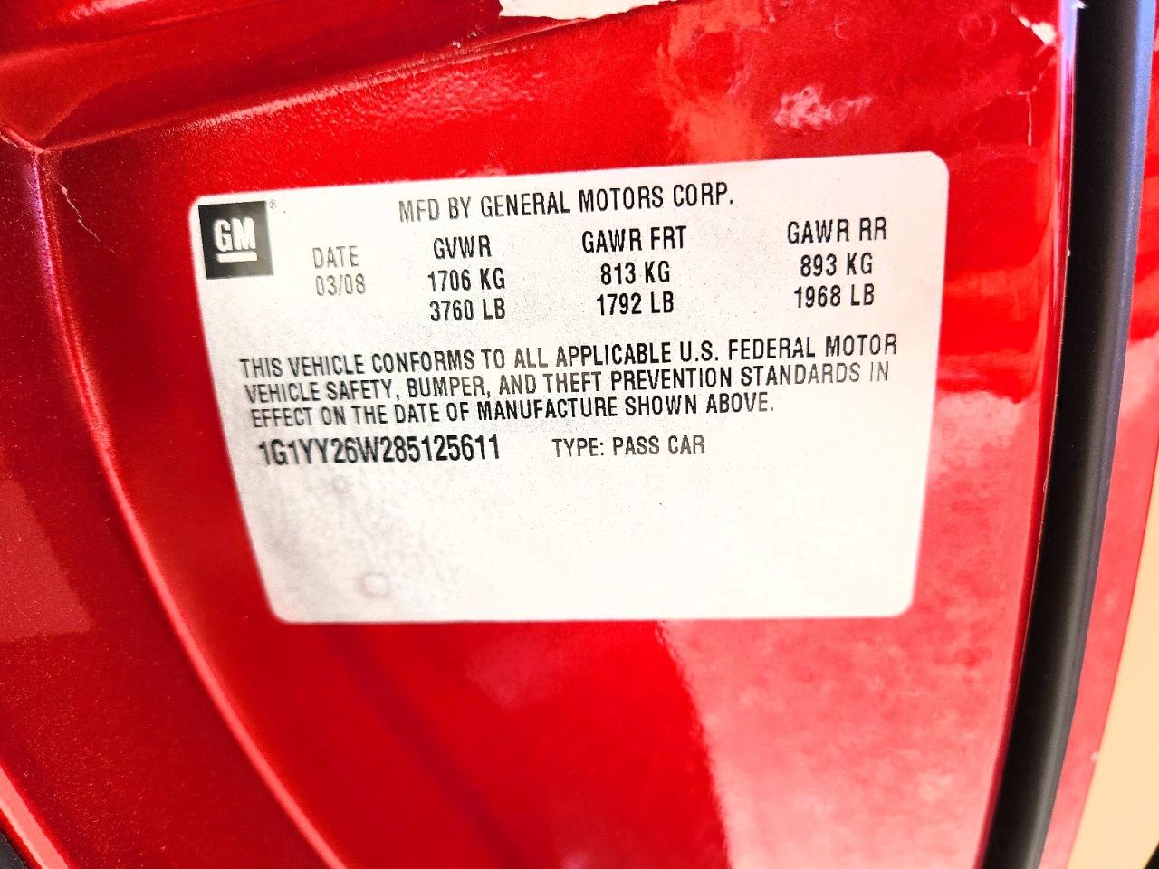 2008 Chevrolet Corvette Red vin: 1G1YY26W285125611