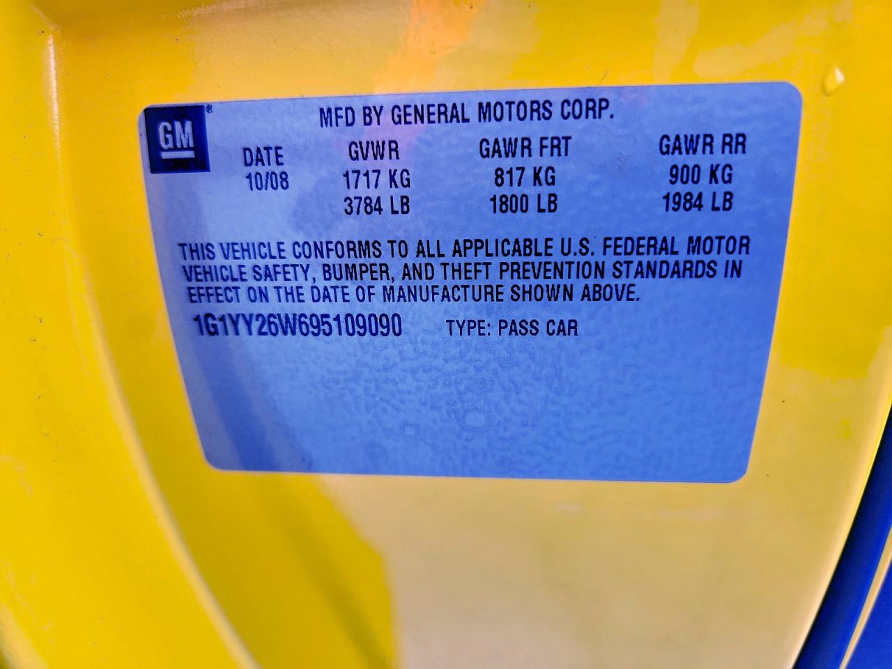 2009 Chevrolet Corvette Yellow vin: 1G1YY26W695109090