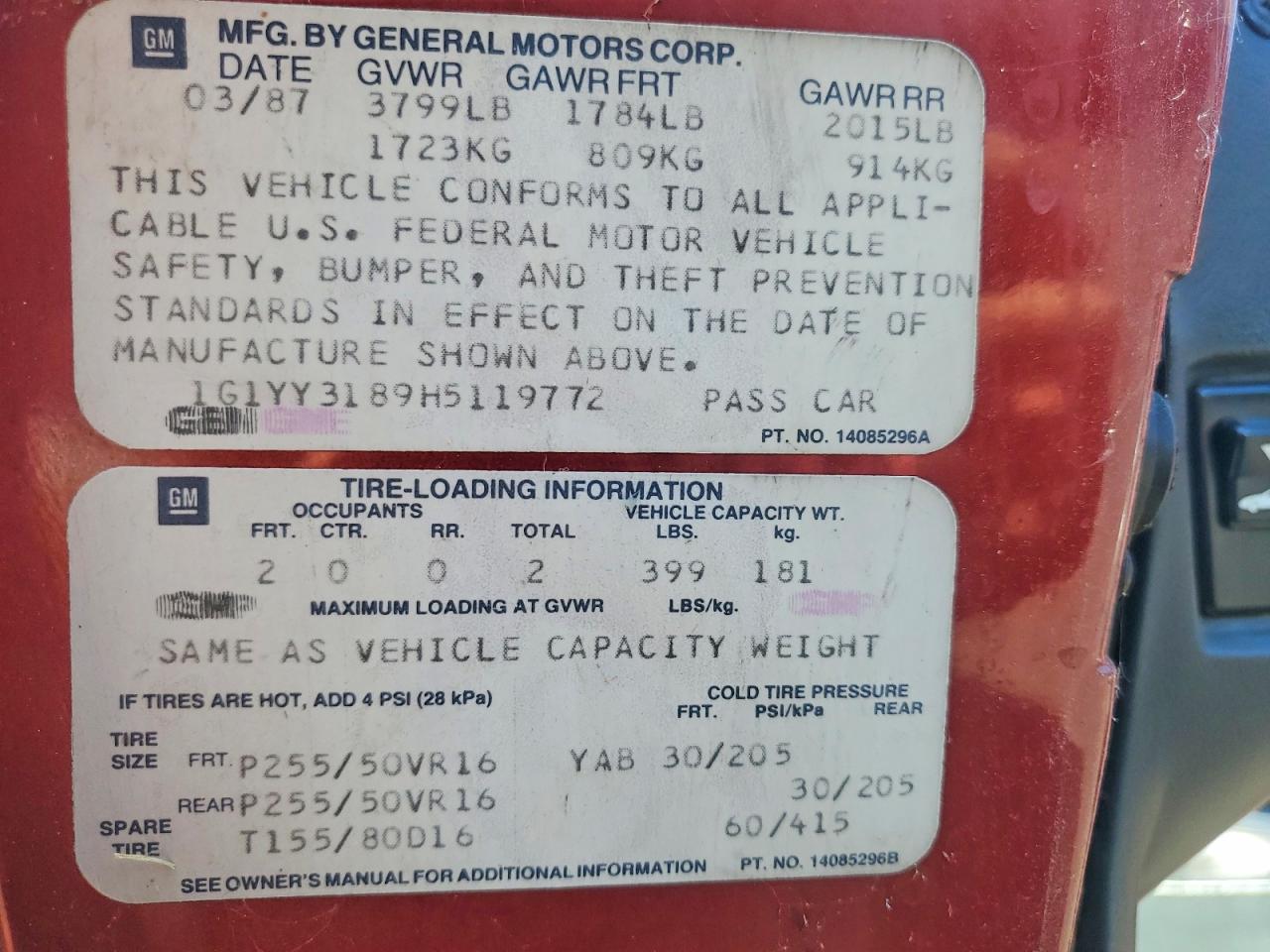 1987 Chevrolet Corvette Burgundy vin: 1G1YY3189H5119772