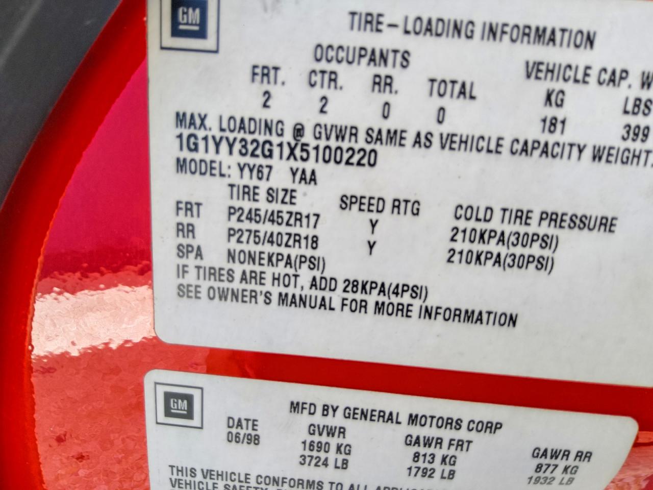 1999 Chevrolet Corvette Red vin: 1G1YY32G1X5100220