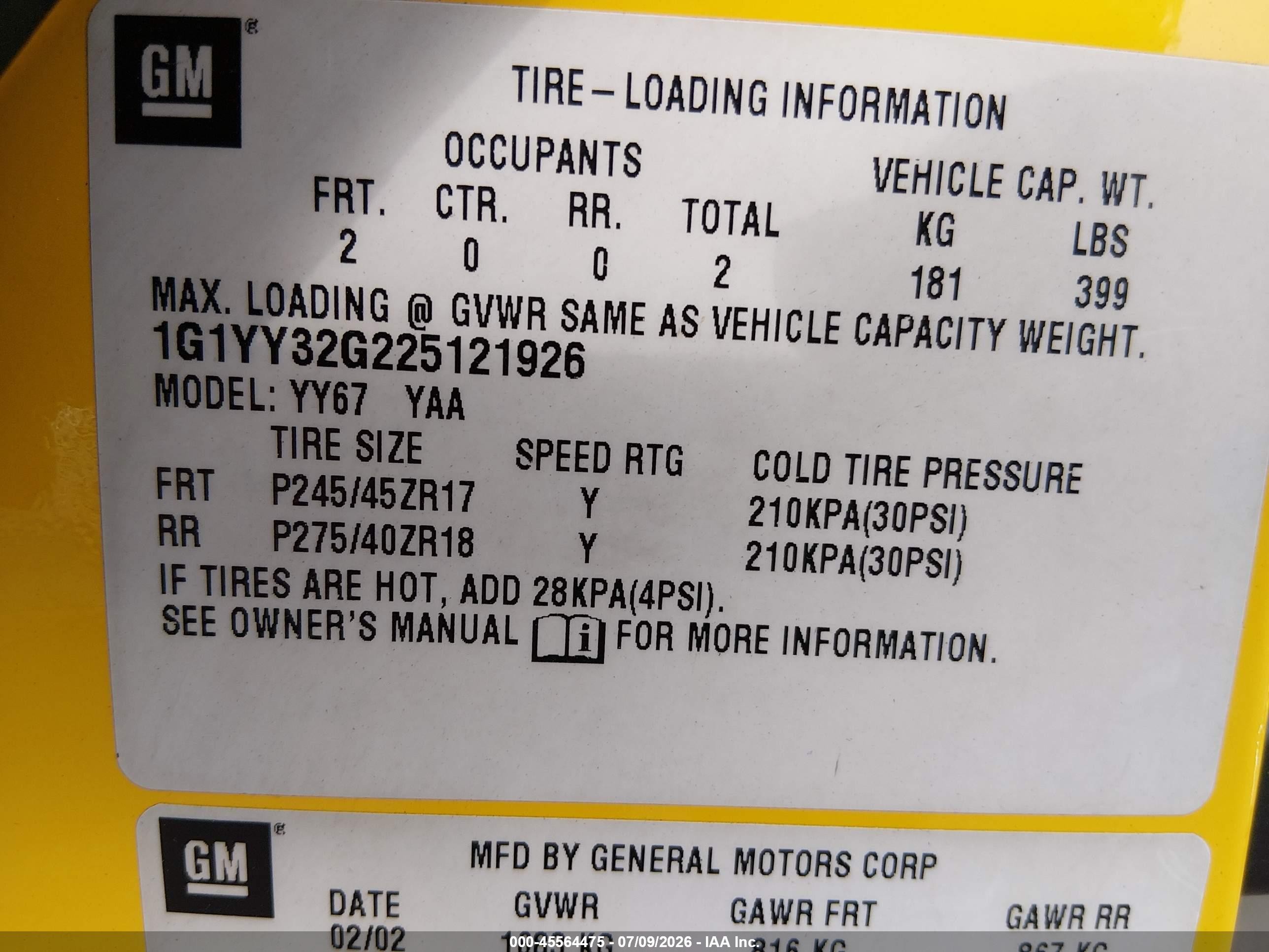 2002 Chevrolet Corvette   Yellow vin: 1G1YY32G225121926